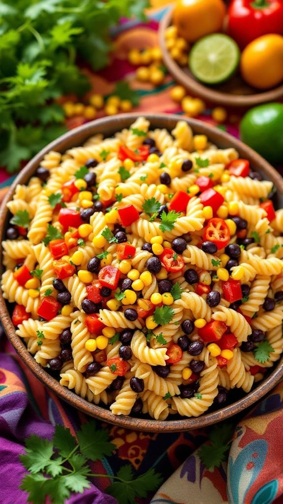 A bowl of hearty Southwest pasta salad with black beans, corn, and colorful vegetables.