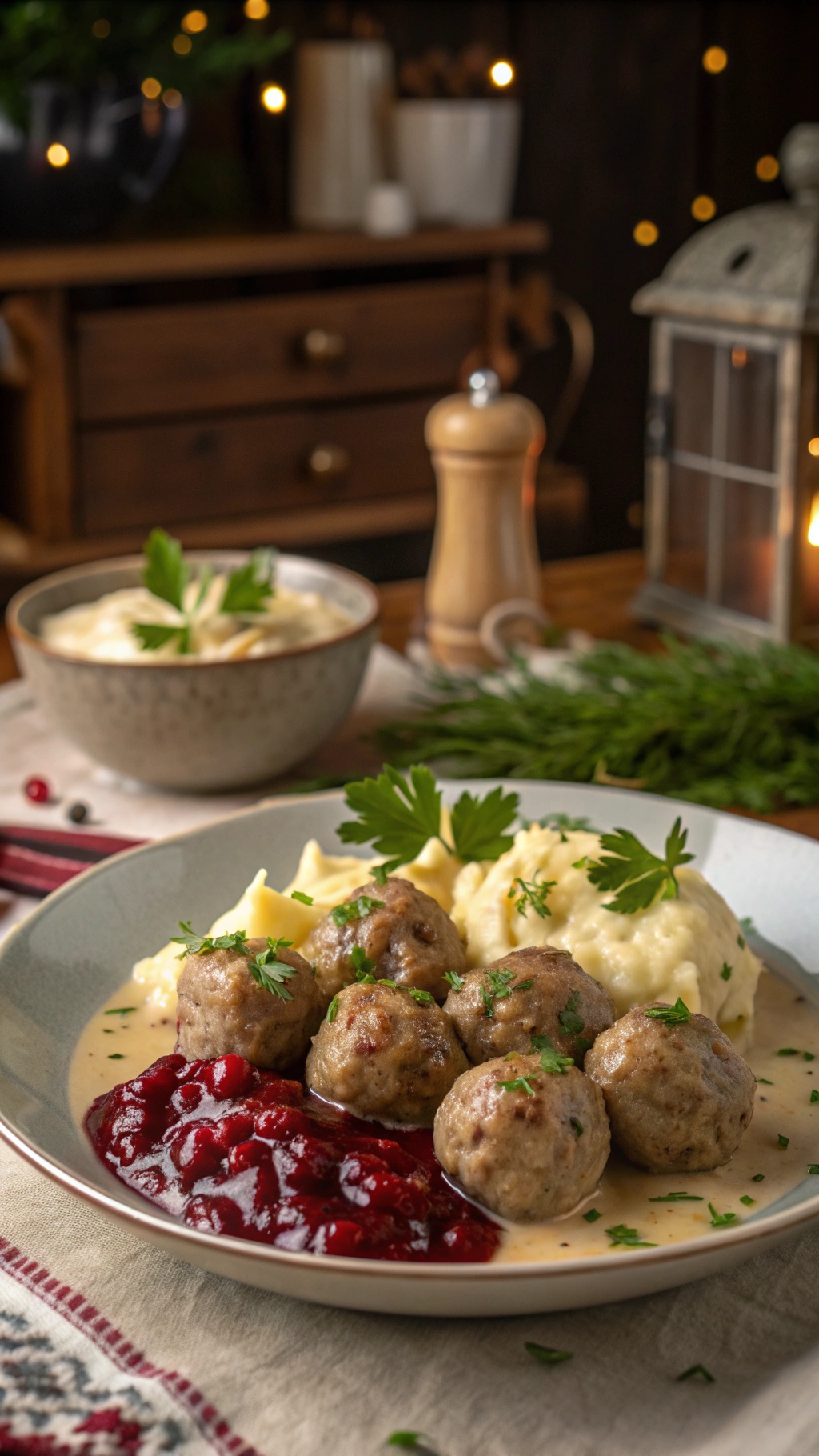 A plate of Swedish meatballs served with creamy mashed potatoes and cranberry sauce, garnished with parsley.