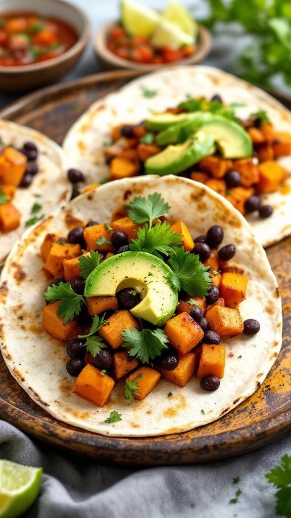 Hearty sweet potato and black bean tacos topped with avocado and cilantro on a wooden plate.