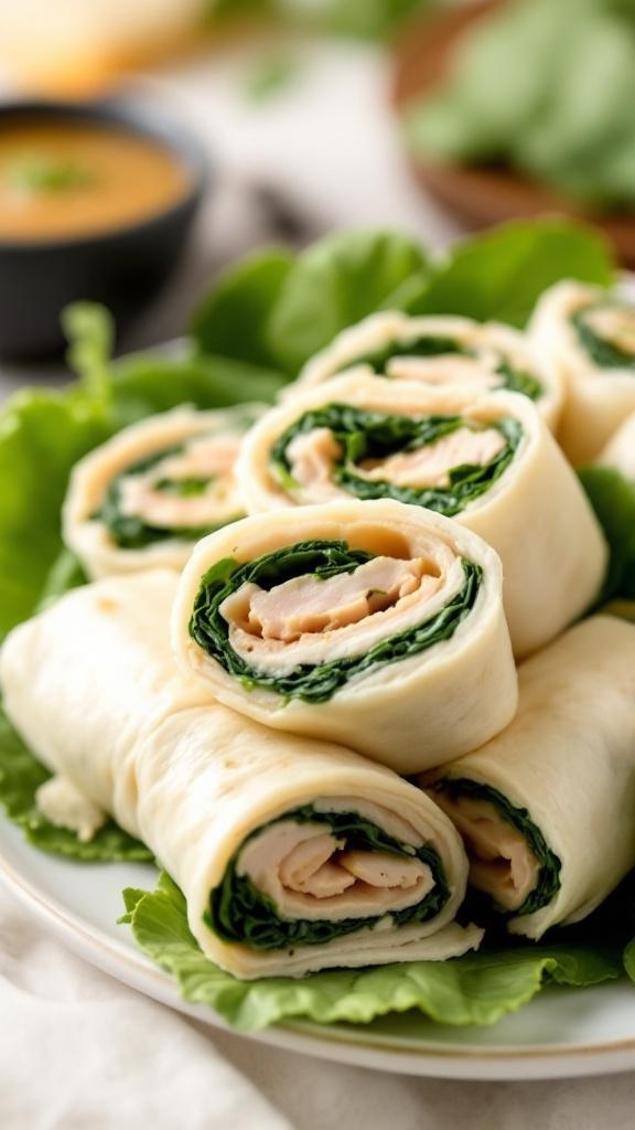 Turkey and spinach roll-ups on a plate with lettuce
