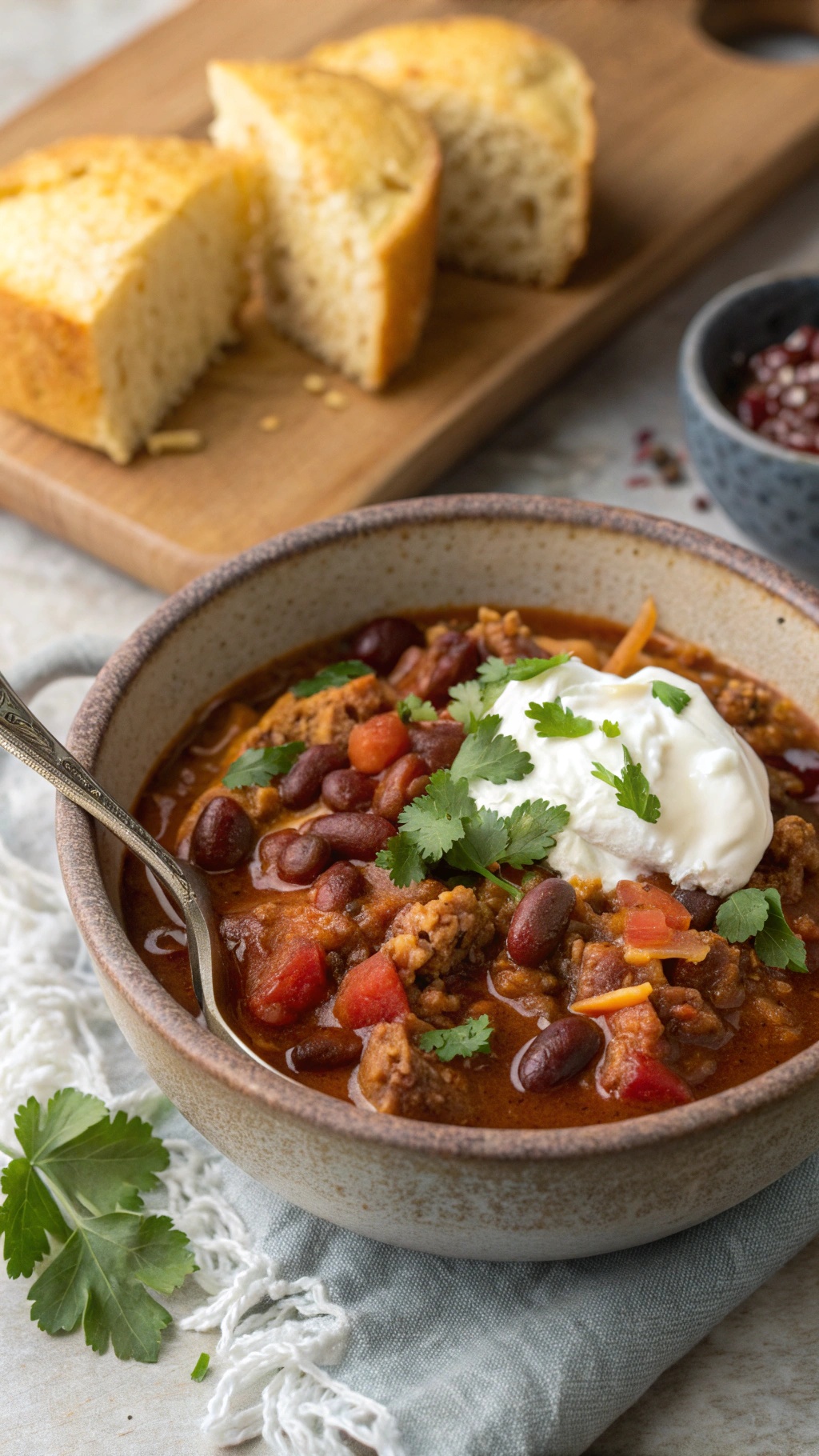 A bowl of hearty turkey chili with beans topped with sour cream and cilantro, served with cornbread.