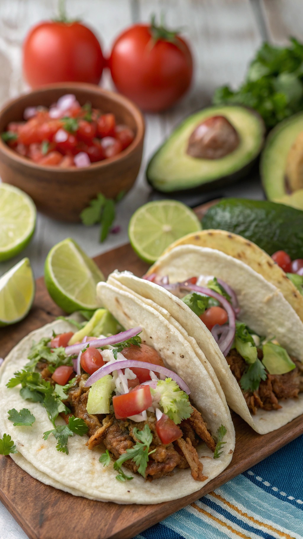 Hearty turkey tacos with zesty salsa, fresh toppings, and lime wedges on a wooden board.