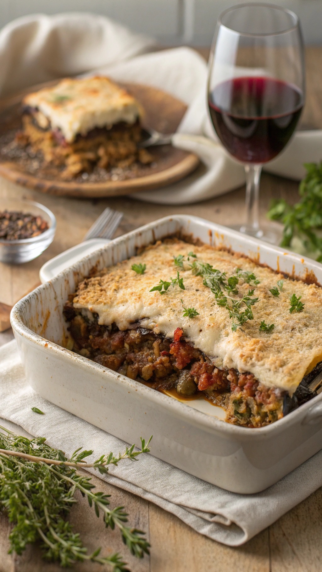 A serving of vegan eggplant moussaka in a baking dish, garnished with herbs, next to a glass of red wine.