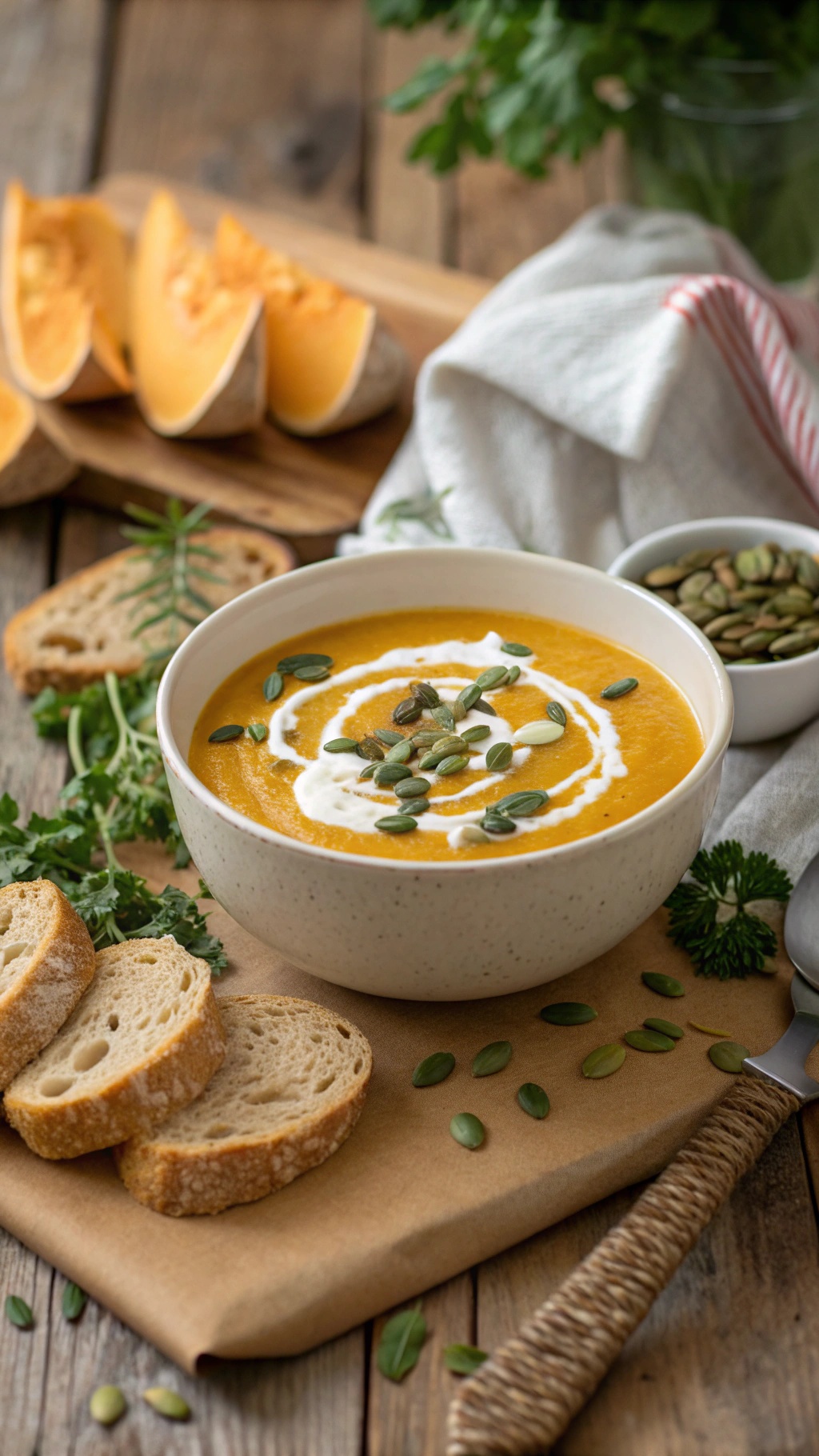 A bowl of hearty vegan pumpkin soup garnished with pumpkin seeds and coconut cream, served with slices of bread.