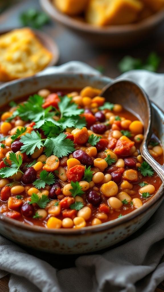 A bowl of hearty vegetable and bean chili topped with fresh cilantro, served with cornbread on the side.