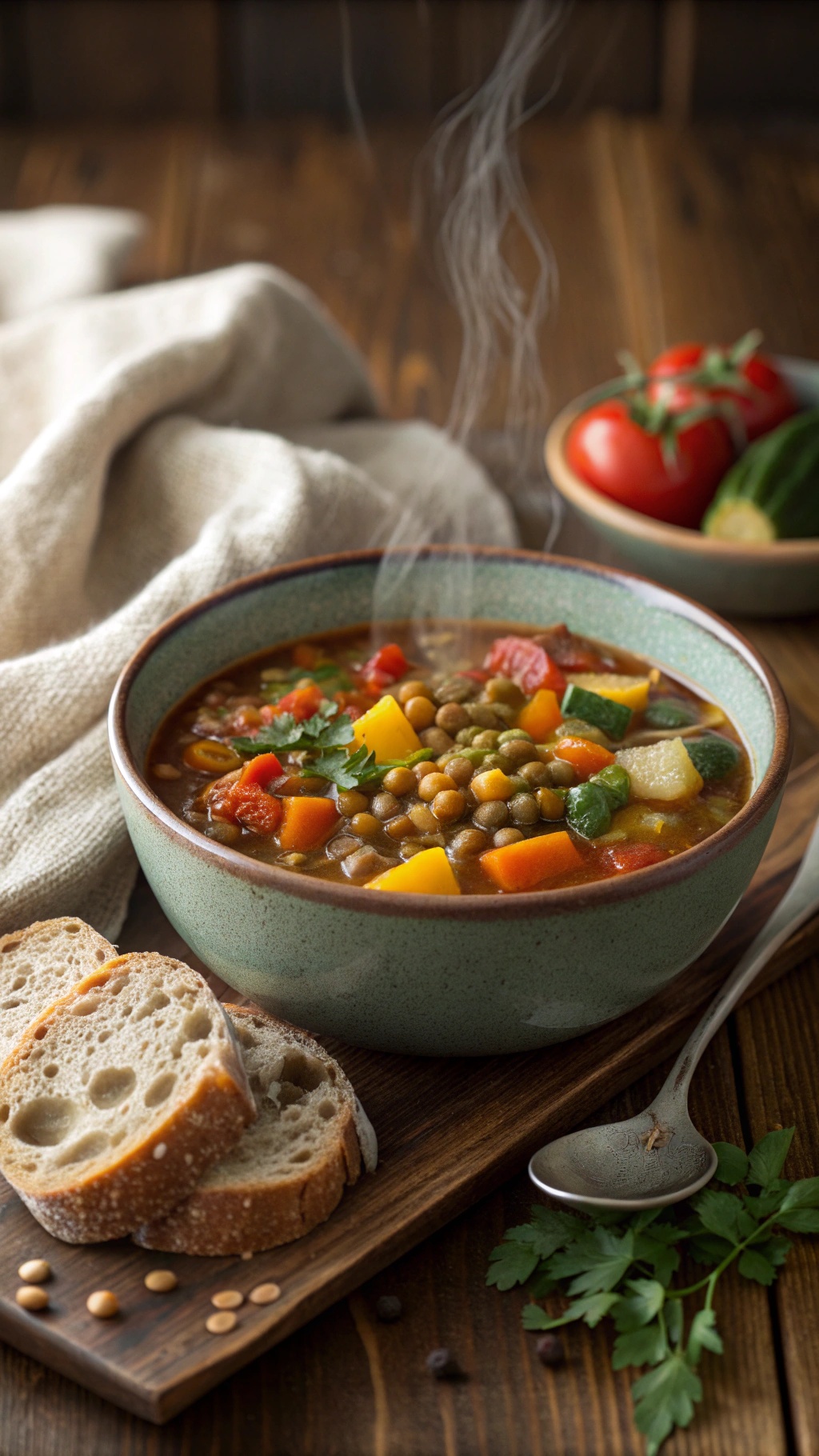 A steaming bowl of hearty vegetable lentil soup with colorful vegetables and a side of bread.
