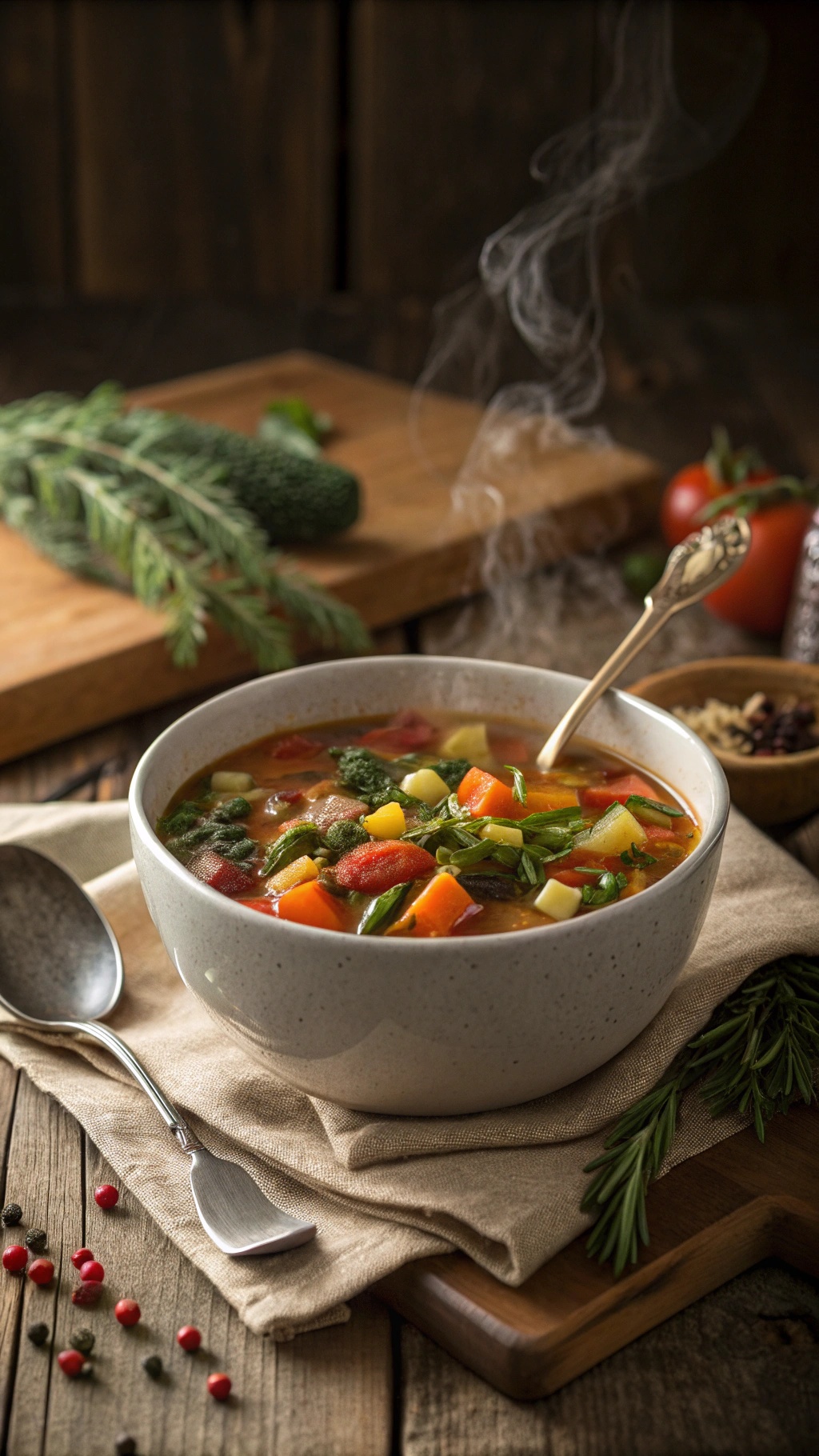 A bowl of hearty vegetable soup with colorful vegetables and steam rising, set on a wooden table with fresh herbs and a spoon.