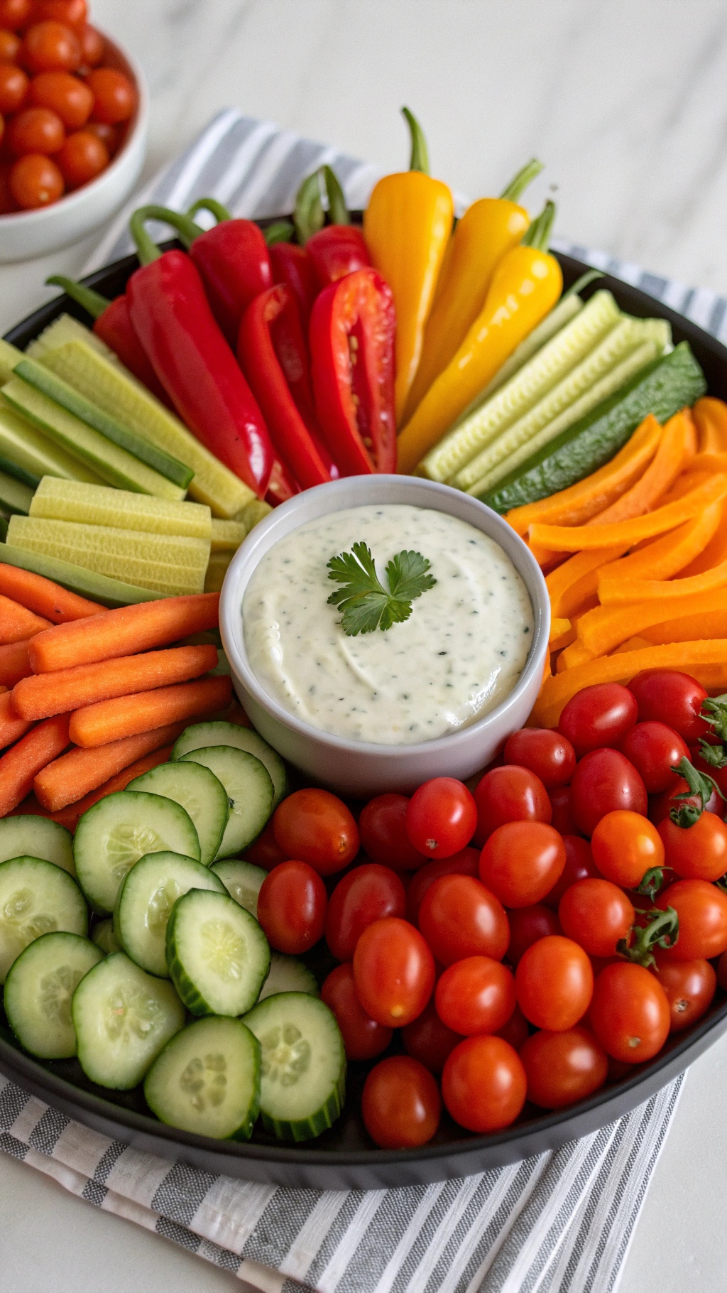 A colorful veggie platter featuring cucumbers, cherry tomatoes, carrots, bell peppers, and a creamy yogurt dip in the center.