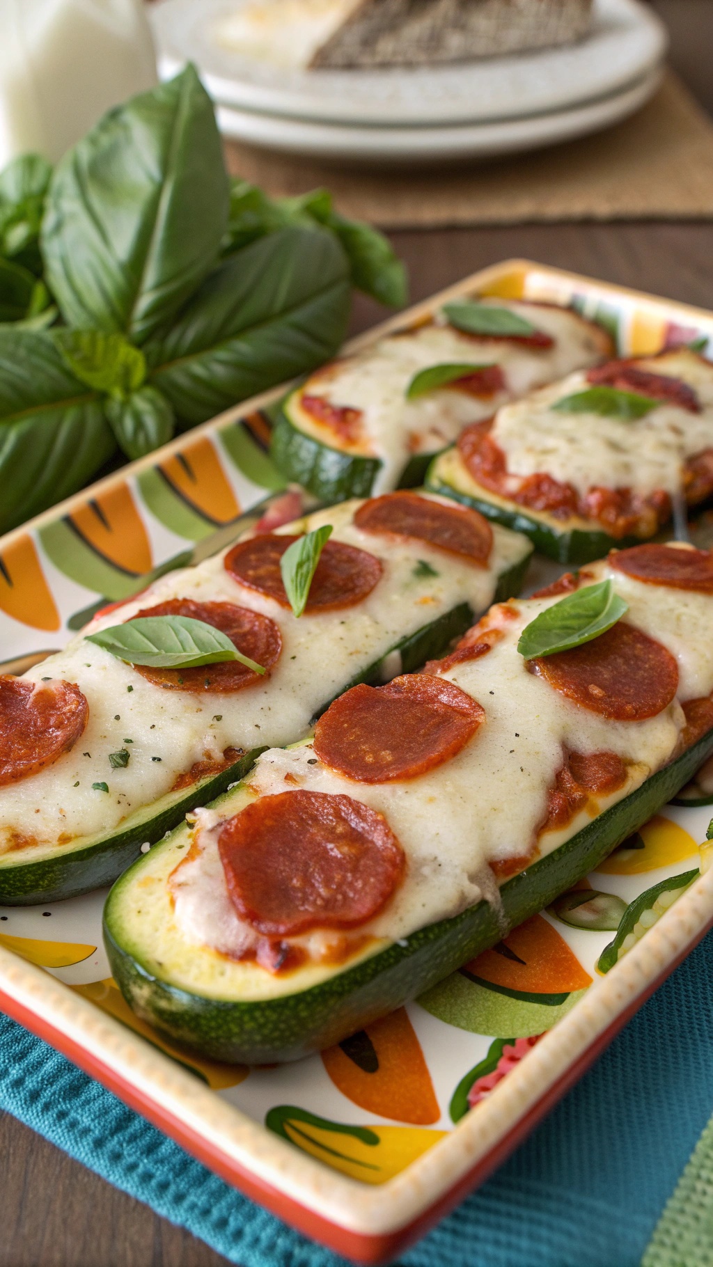Zucchini pizza bites topped with cheese and pepperoni on a colorful plate