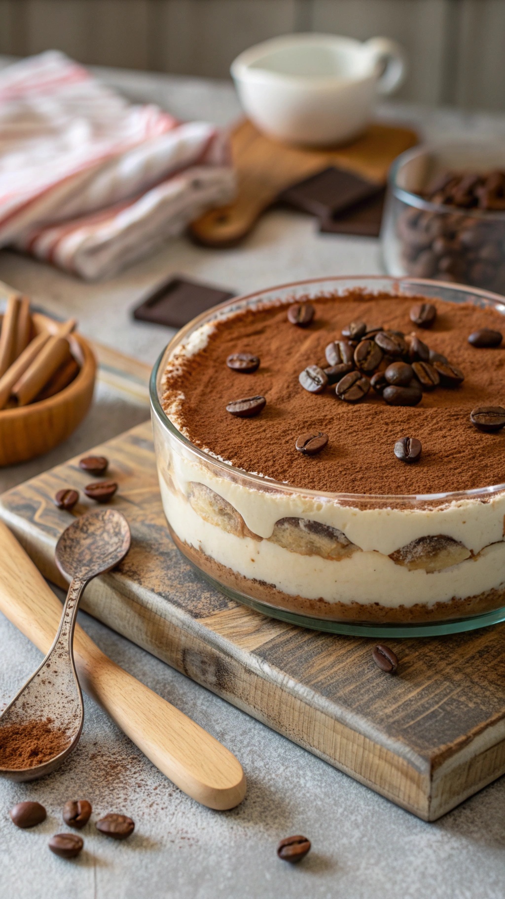 A delicious no-bake tiramisu dessert layered with coffee-soaked ladyfingers and creamy mascarpone, garnished with cocoa powder and coffee beans.