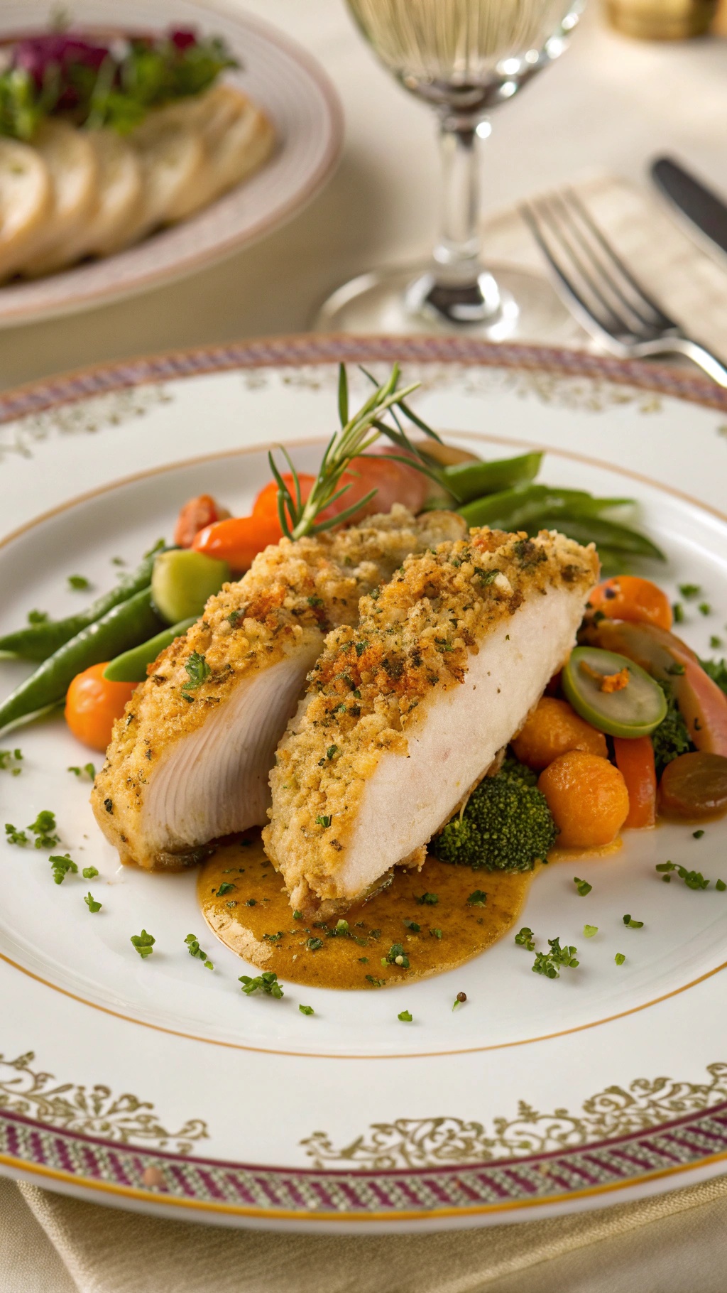 A plate of herb-crusted chicken breast served with colorful vegetables.