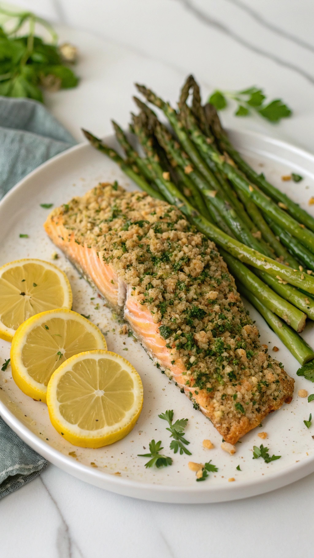 A plate of herb-crusted salmon with asparagus and lemon slices.