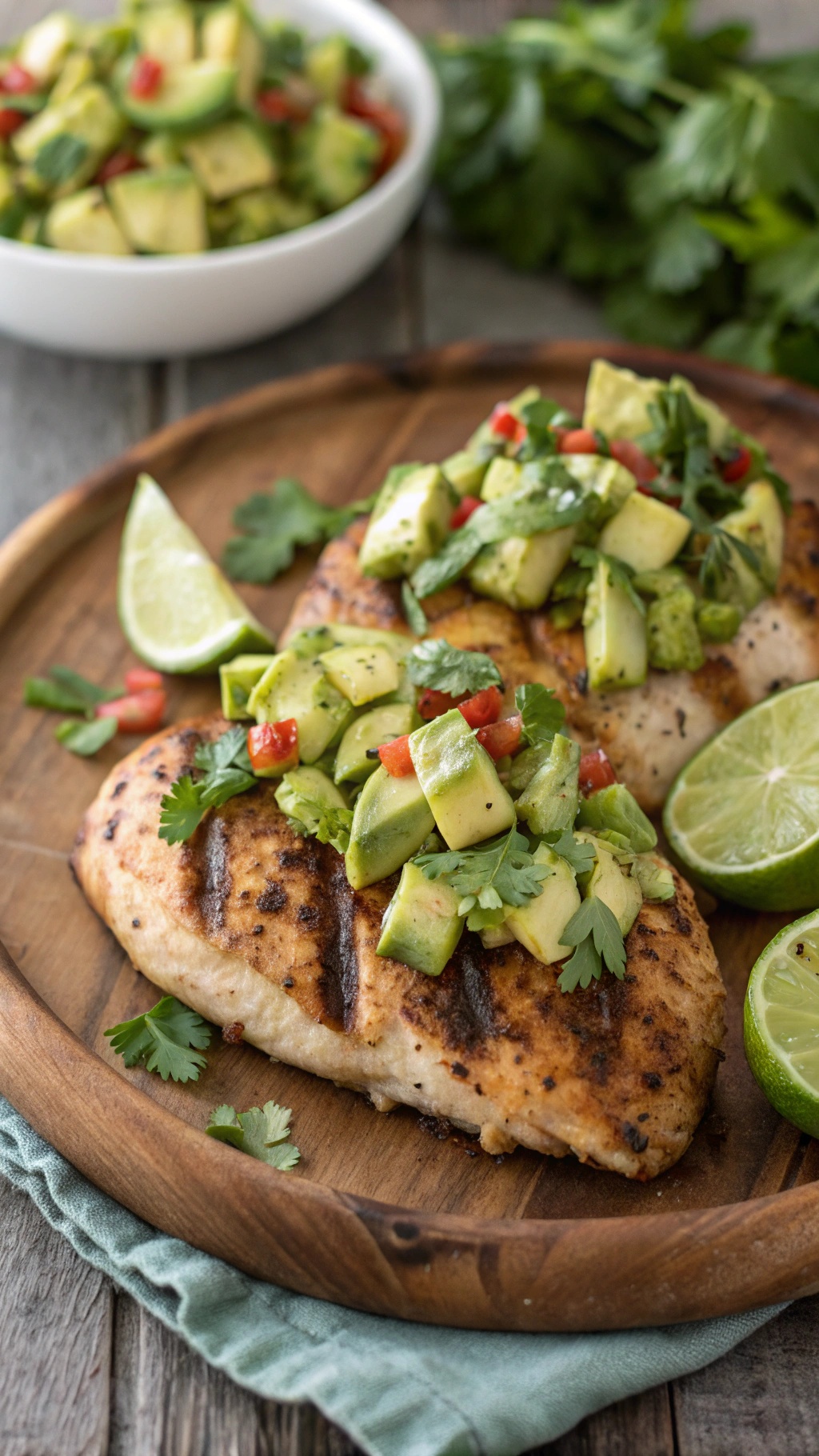 Grilled chicken breast topped with avocado salsa on a wooden plate, garnished with lime wedges.