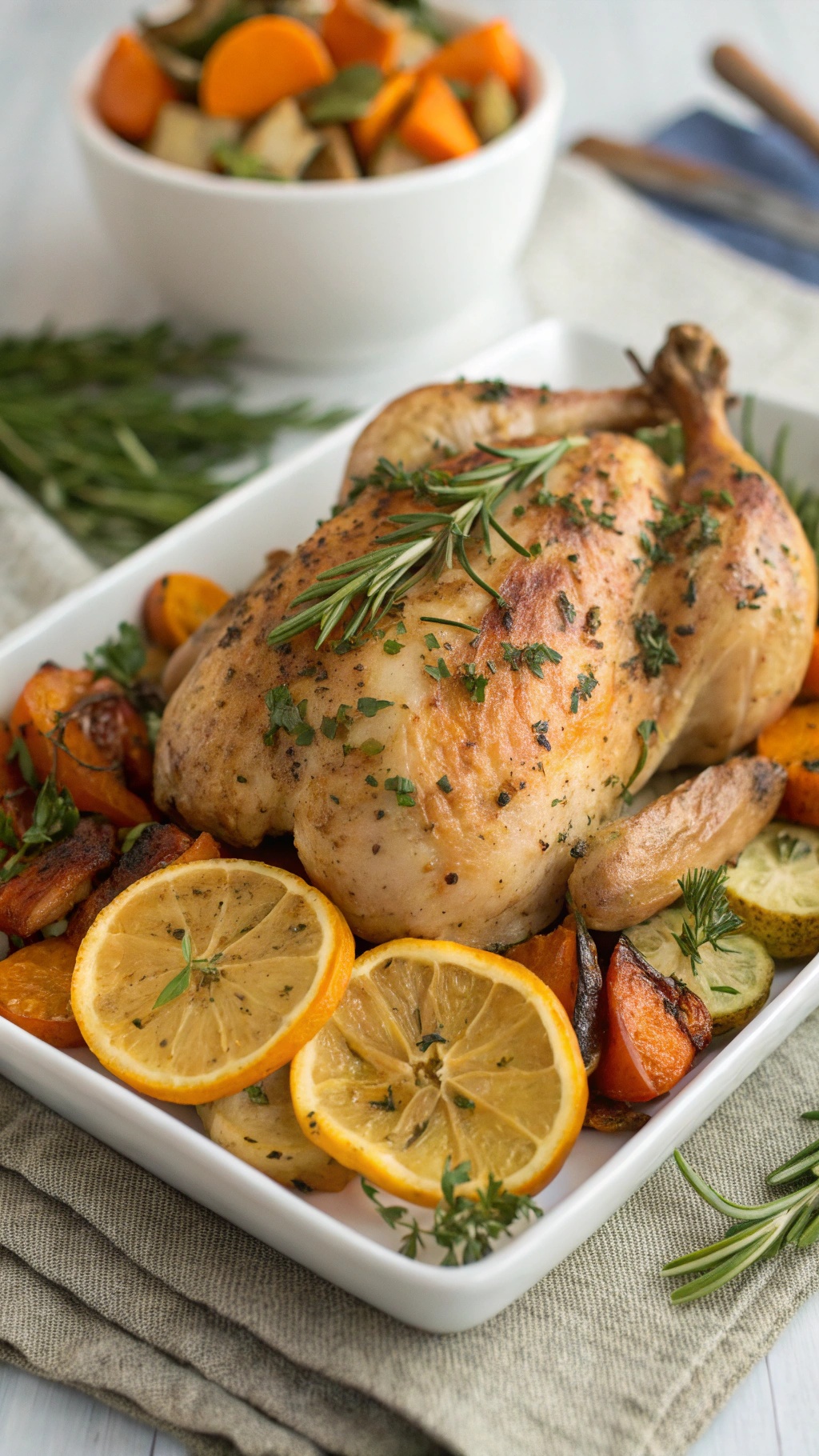 A beautifully roasted herb and citrus chicken served with colorful vegetables.