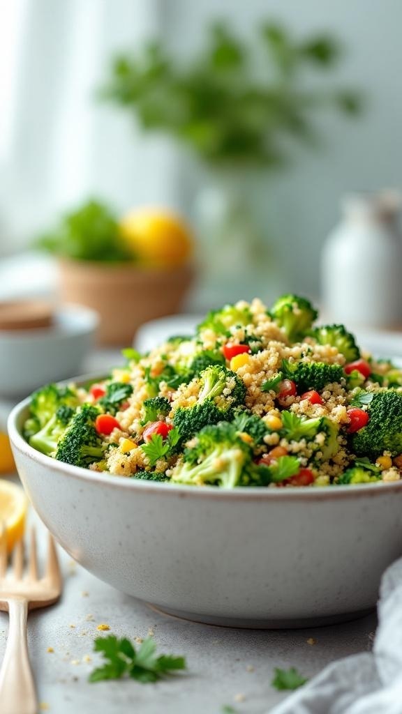 A colorful broccoli salad with quinoa, red bell pepper, and fresh herbs in a bowl.