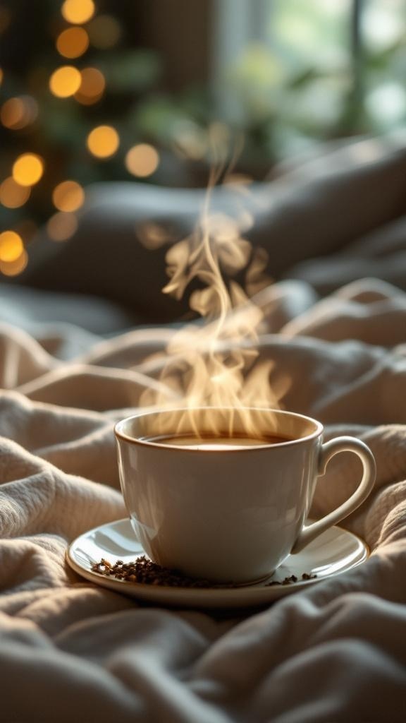 A steaming cup of herbal tea on a cozy blanket
