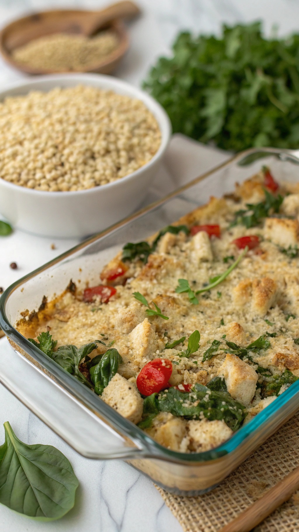 A delicious Herbed Chicken and Quinoa Casserole topped with fresh herbs and colorful ingredients.