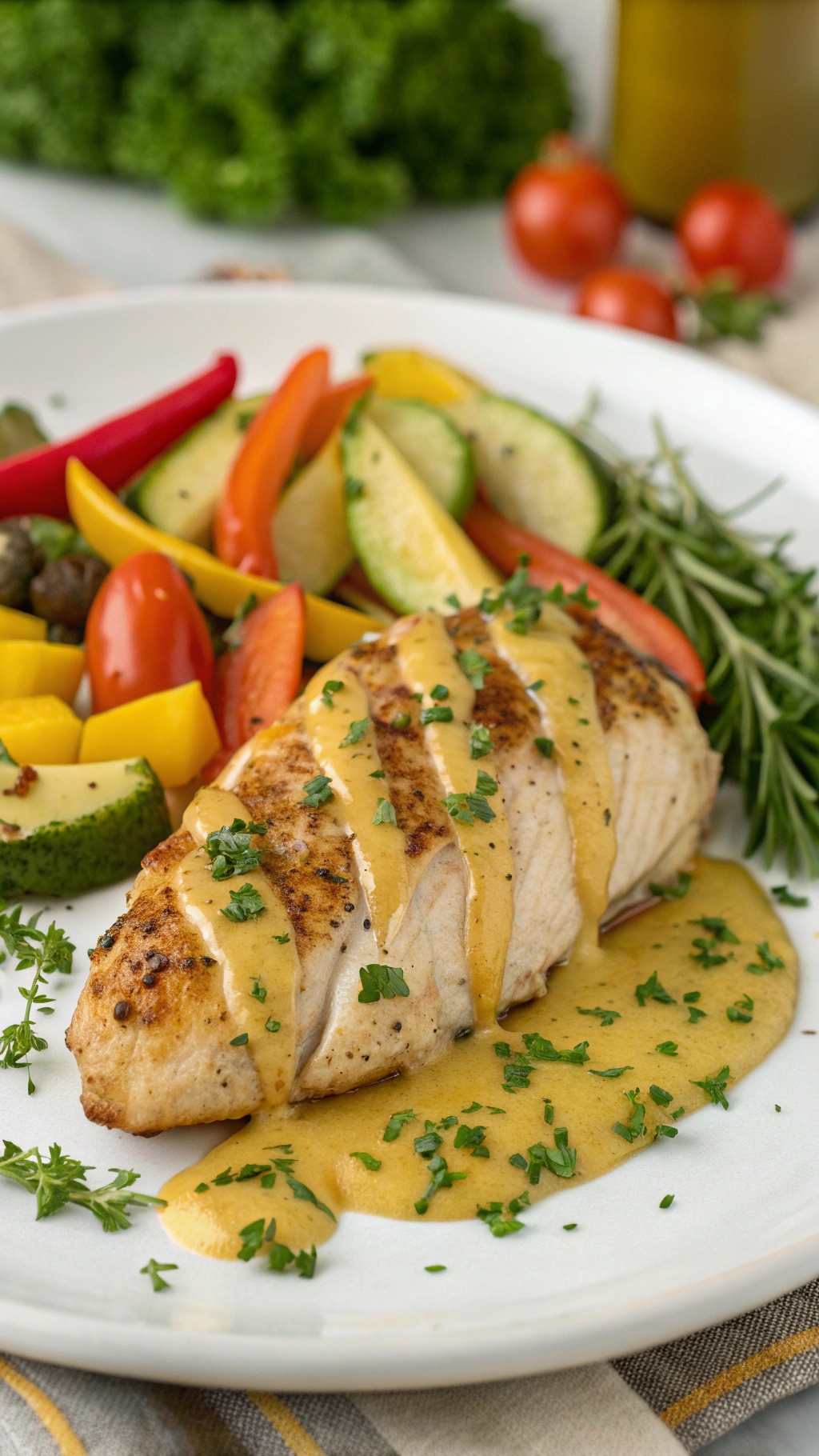 Baked Herbed Dijon Chicken served with colorful vegetables