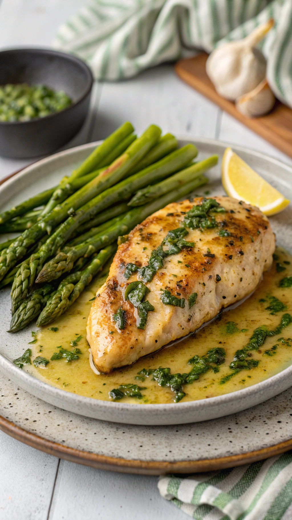 Herbed garlic butter chicken breast served with asparagus on a plate