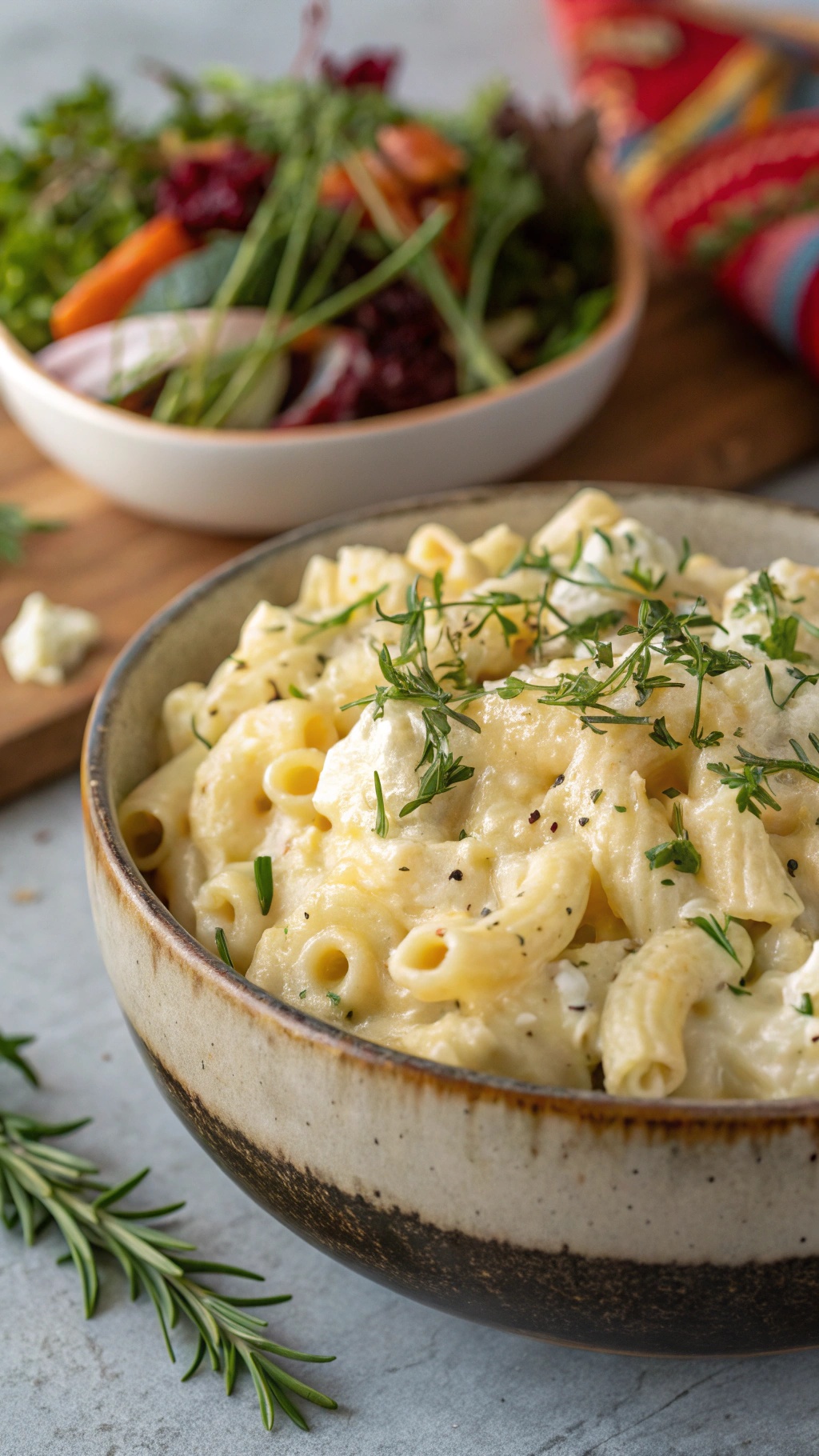 A bowl of Herbed Goat Cheese Mac and Cheese topped with fresh herbs, alongside a colorful salad.
