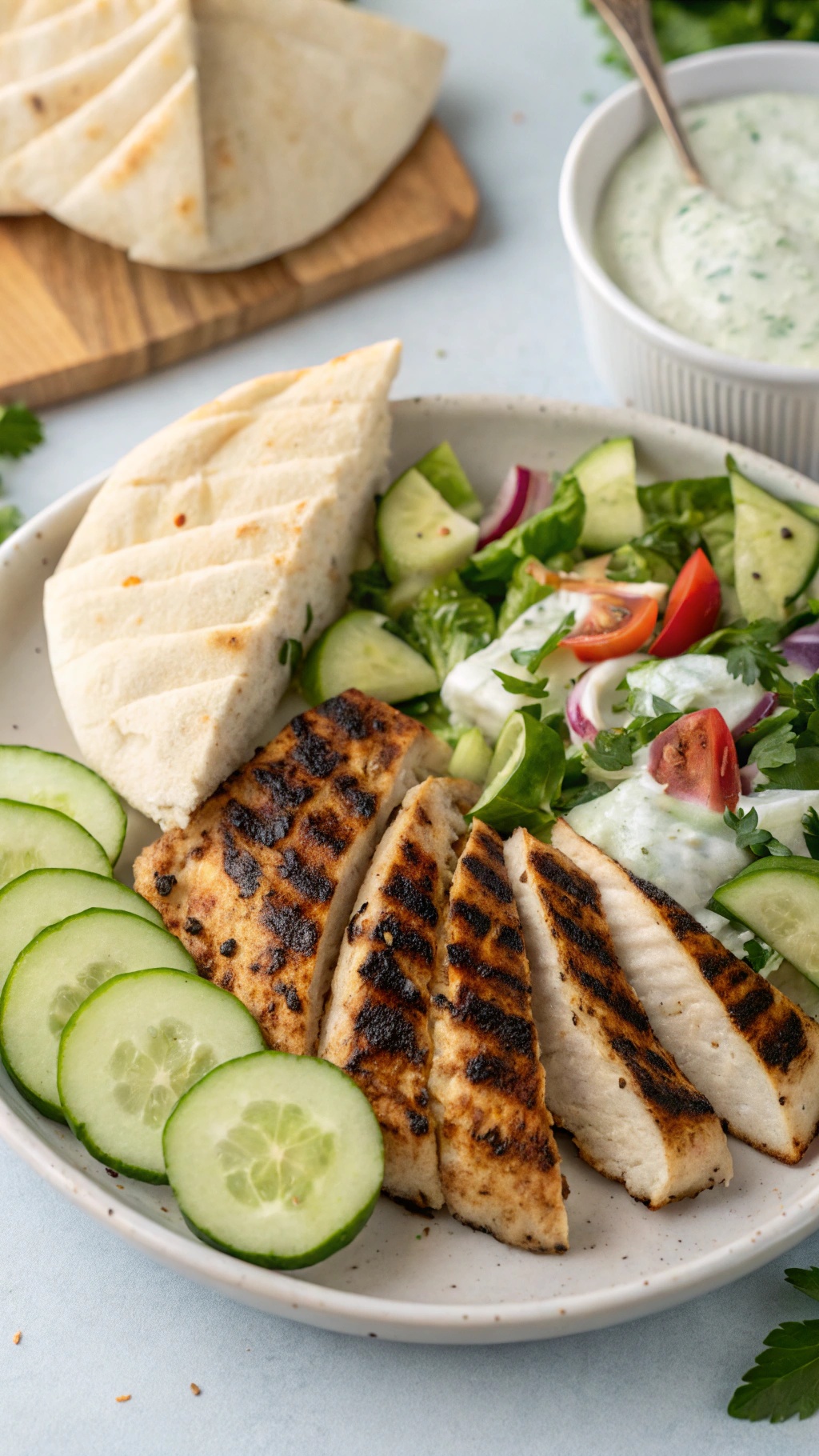 Grilled chicken breast served with cucumber slices, salad, and pita bread.