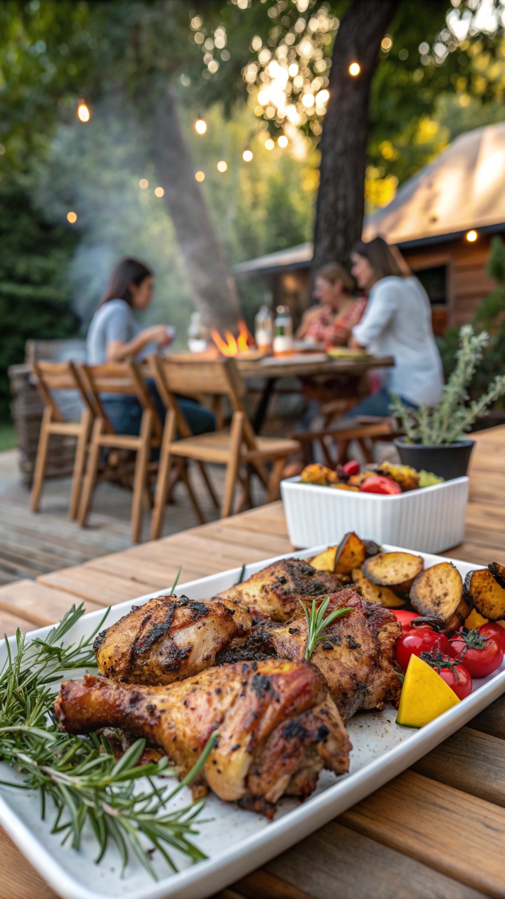 Grilled chicken thighs garnished with herbs, served with roasted vegetables on a wooden table.