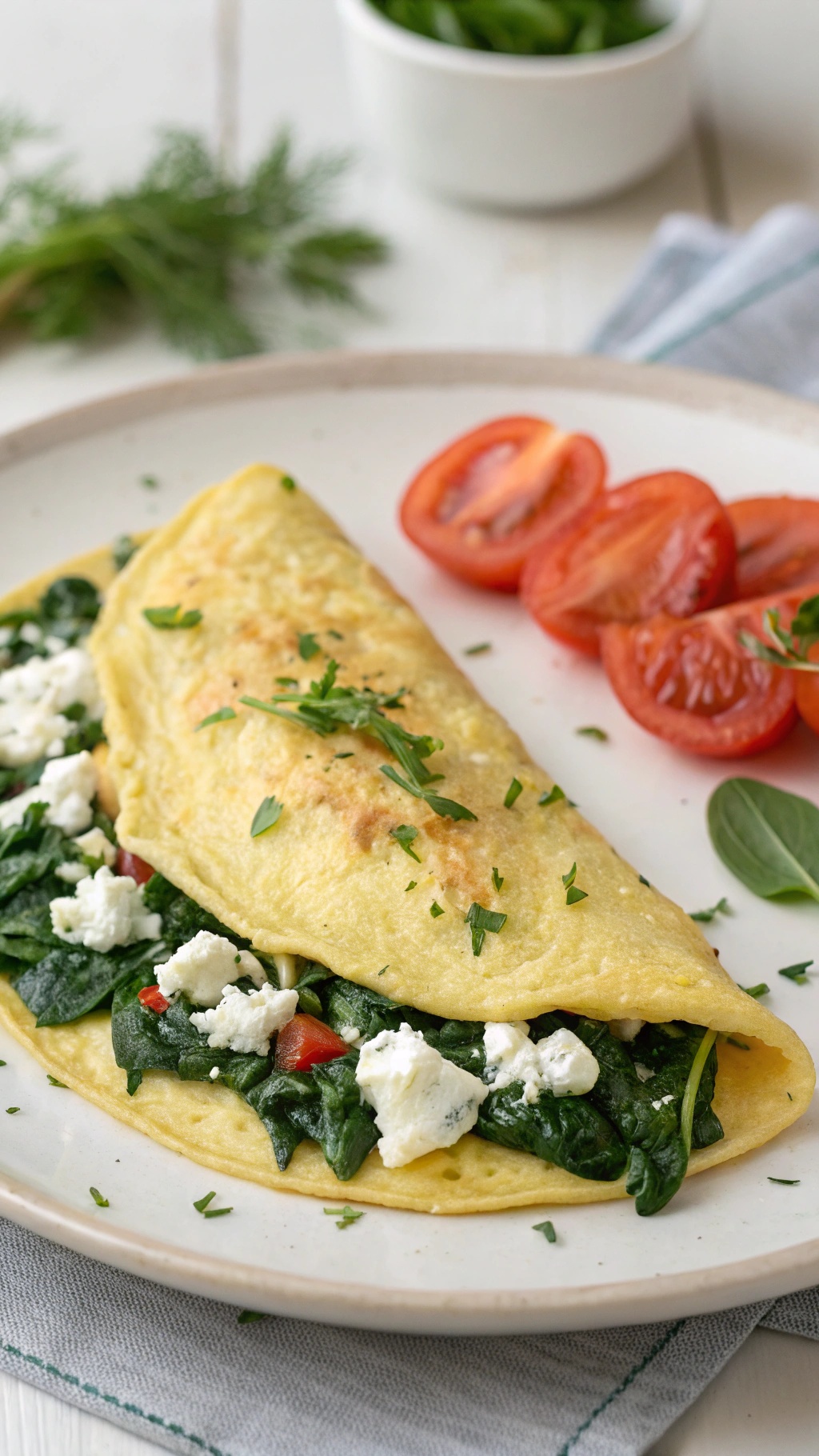 A herbed omelette filled with spinach and feta cheese, garnished with fresh herbs and served with sliced tomatoes.