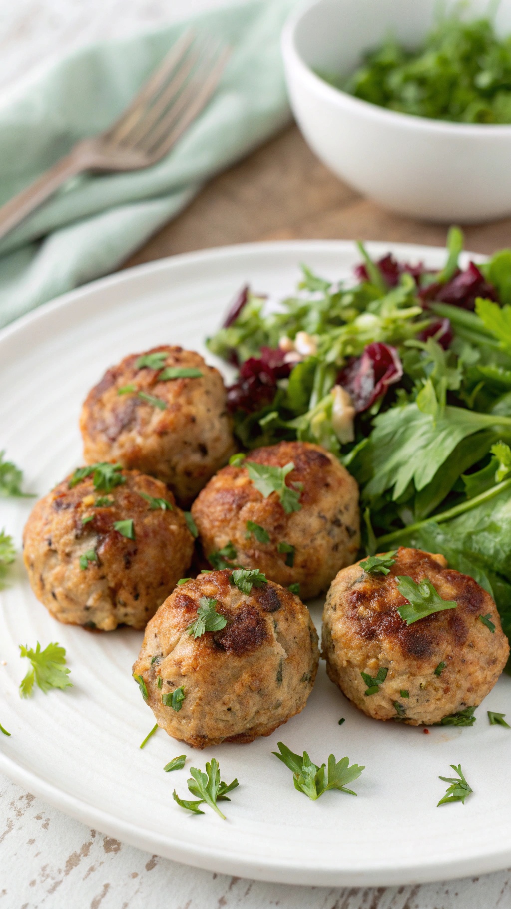A plate of herbed turkey meatballs garnished with fresh herbs, served with a side salad.