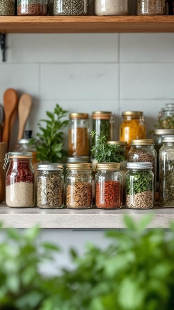 A collection of jars filled with various herbs and spices on a kitchen shelf.