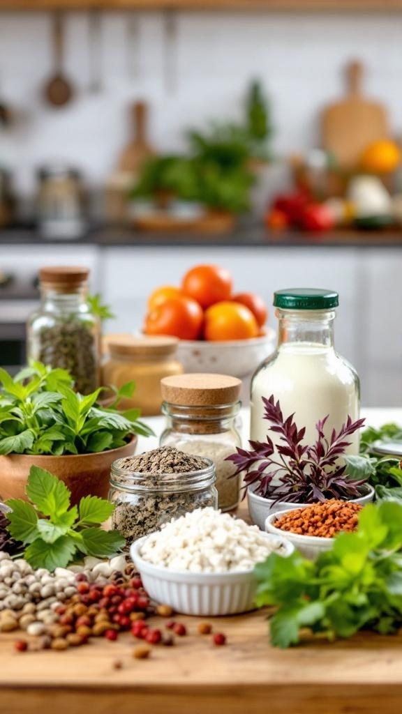 A collection of fresh herbs, spices, and ingredients arranged on a kitchen counter, showcasing a colorful and inviting cooking setup.