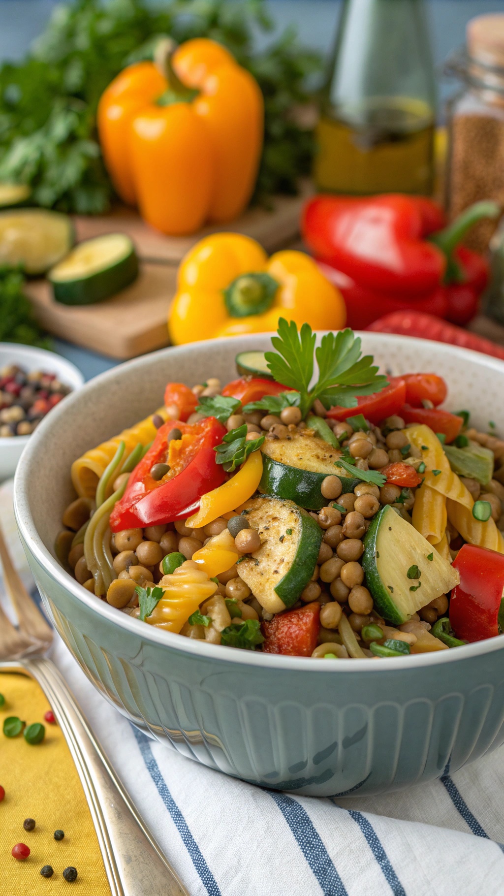 A bowl of high-protein lentil and vegetable pasta with colorful vegetables and lentils.