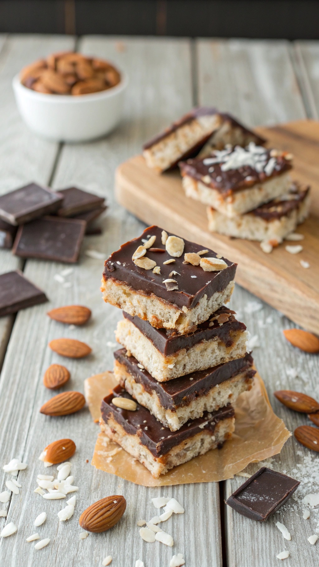 Homemade Almond Joy Energy Bars stacked on a wooden board with almonds and chocolate in the background.
