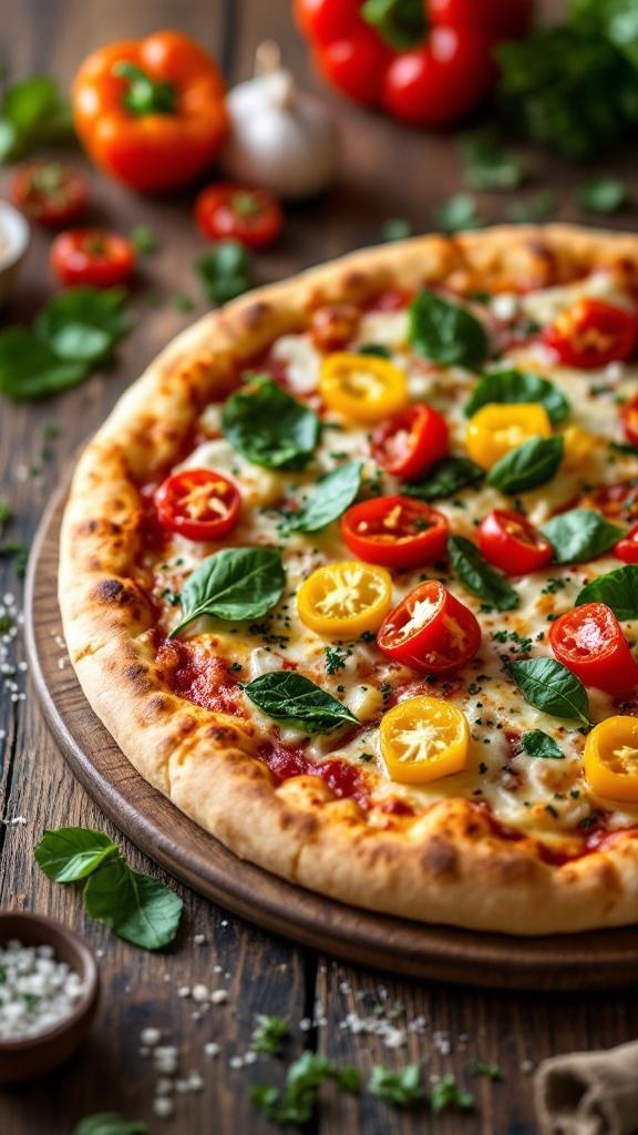 A homemade pizza topped with fresh vegetables and basil on a wooden board.