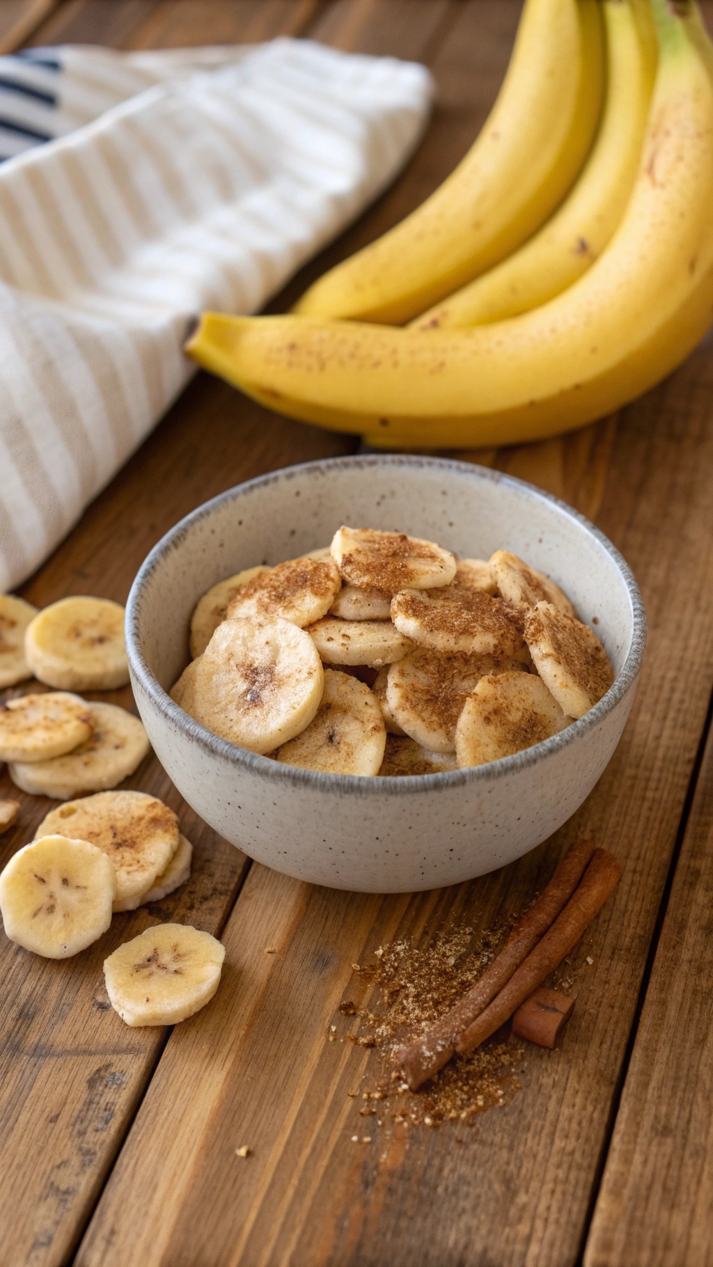 A bowl of homemade banana chips with fresh bananas and cinnamon sticks on a wooden table.