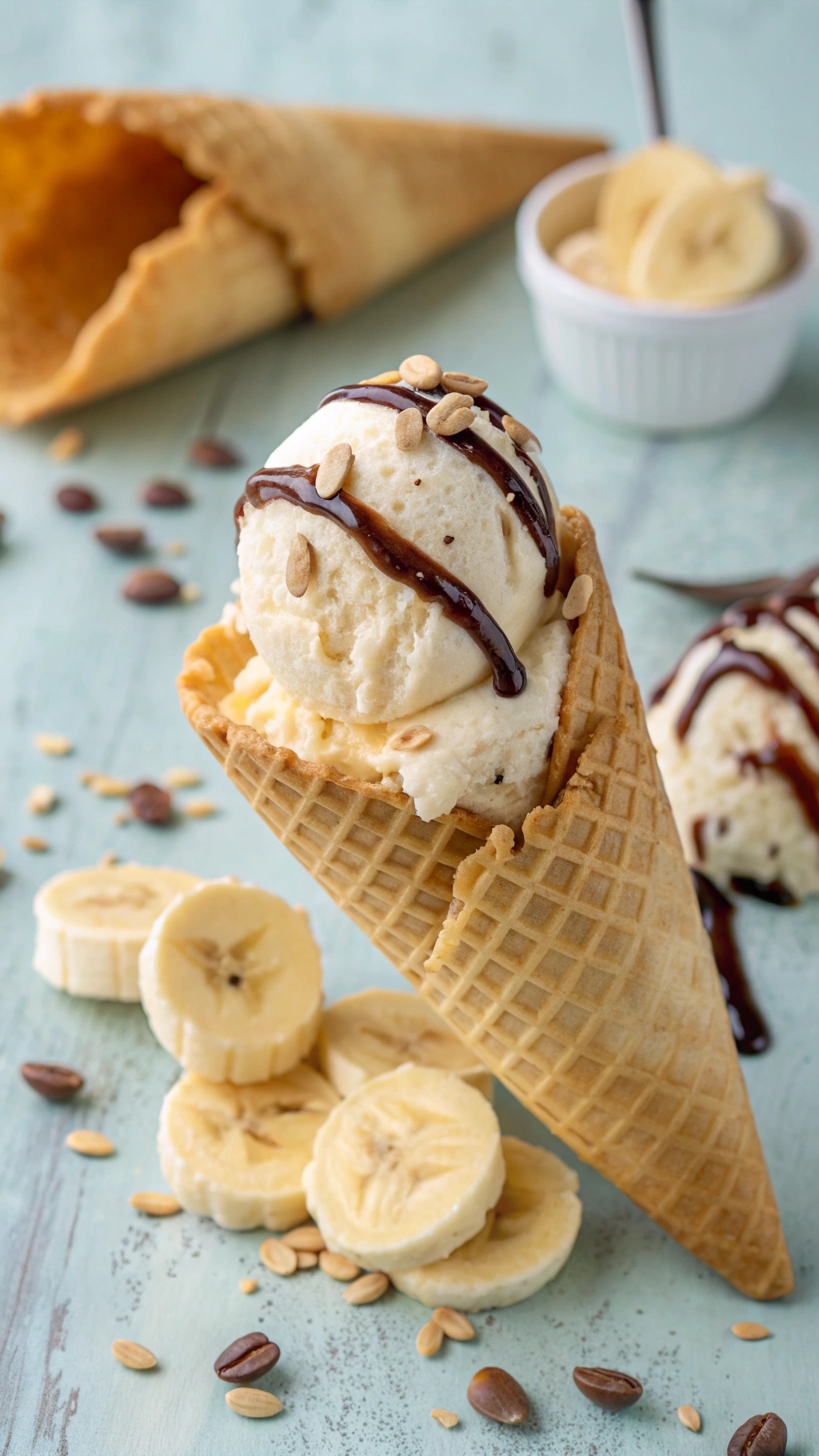 A delicious scoop of homemade banana ice cream in a waffle cone, topped with chocolate syrup and nuts, surrounded by sliced bananas and coffee beans.