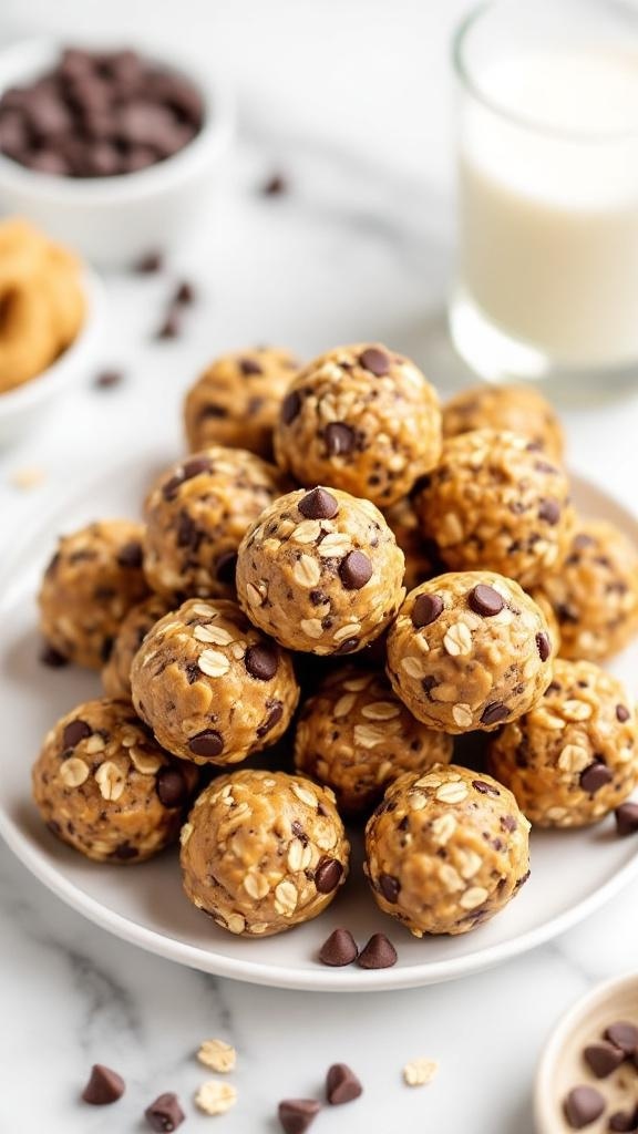 A plate of homemade energy bites made with oats and chocolate chips.