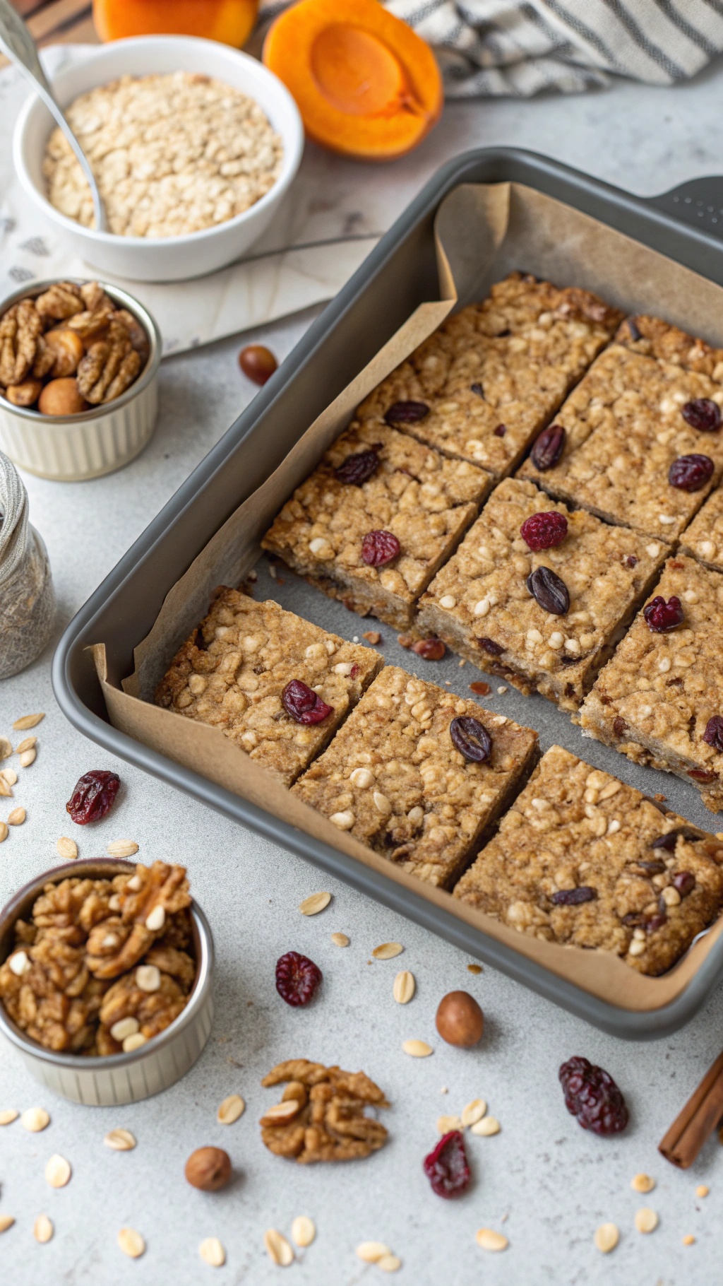 Homemade granola bars in a baking dish, surrounded by nuts and dried fruits.