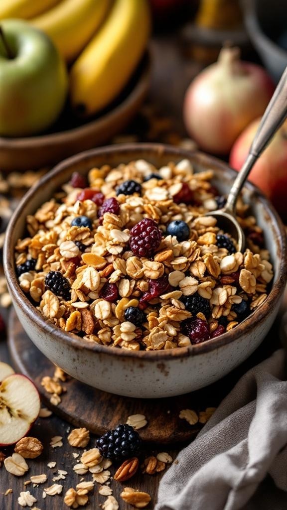A bowl of homemade granola with oats, nuts, and berries, surrounded by fresh fruits.