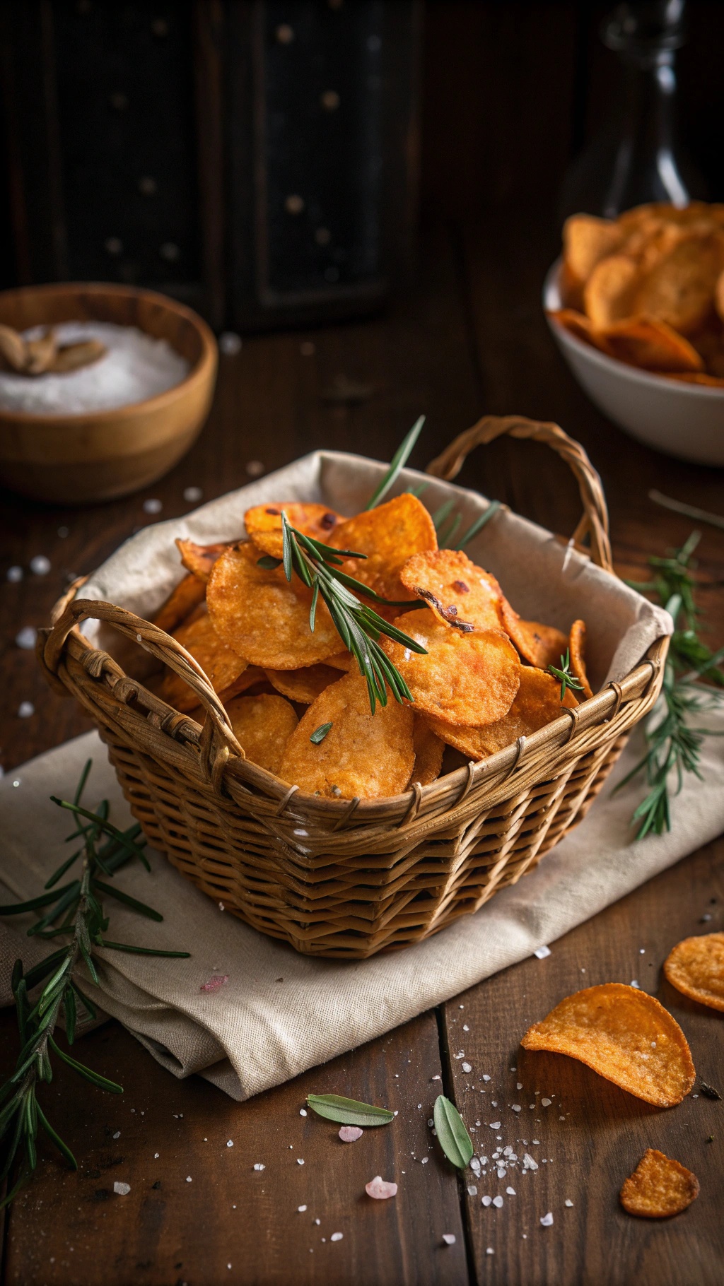 A basket of homemade sweet potato chips garnished with rosemary, resting on a wooden table.