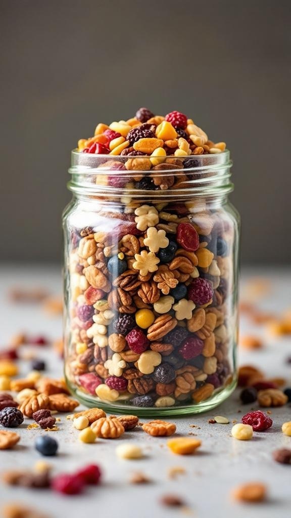 A jar filled with homemade trail mix containing nuts, seeds, and dried fruits.