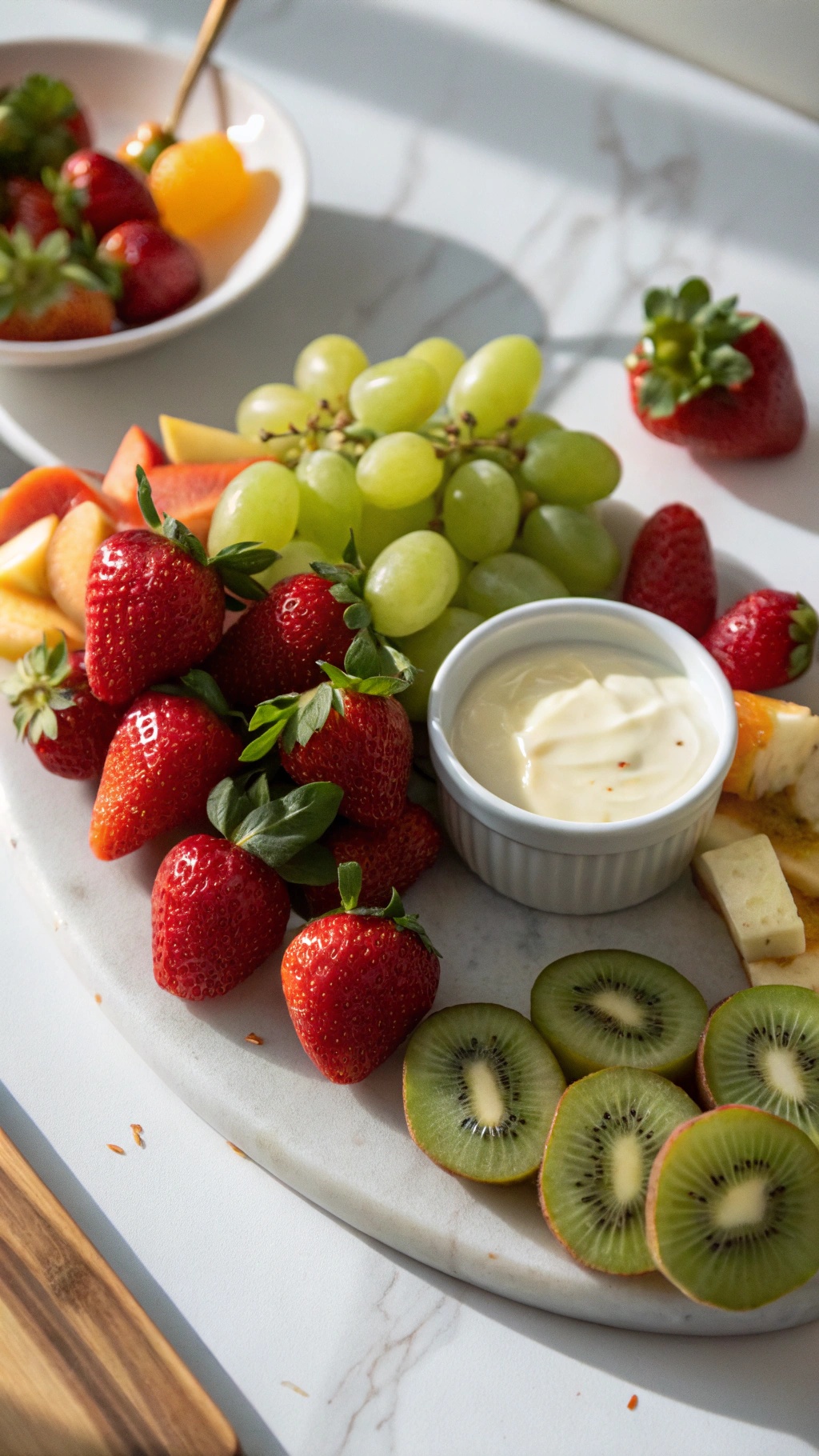 A platter of fresh fruits including strawberries, grapes, and kiwi with a small bowl of honey yogurt dip.