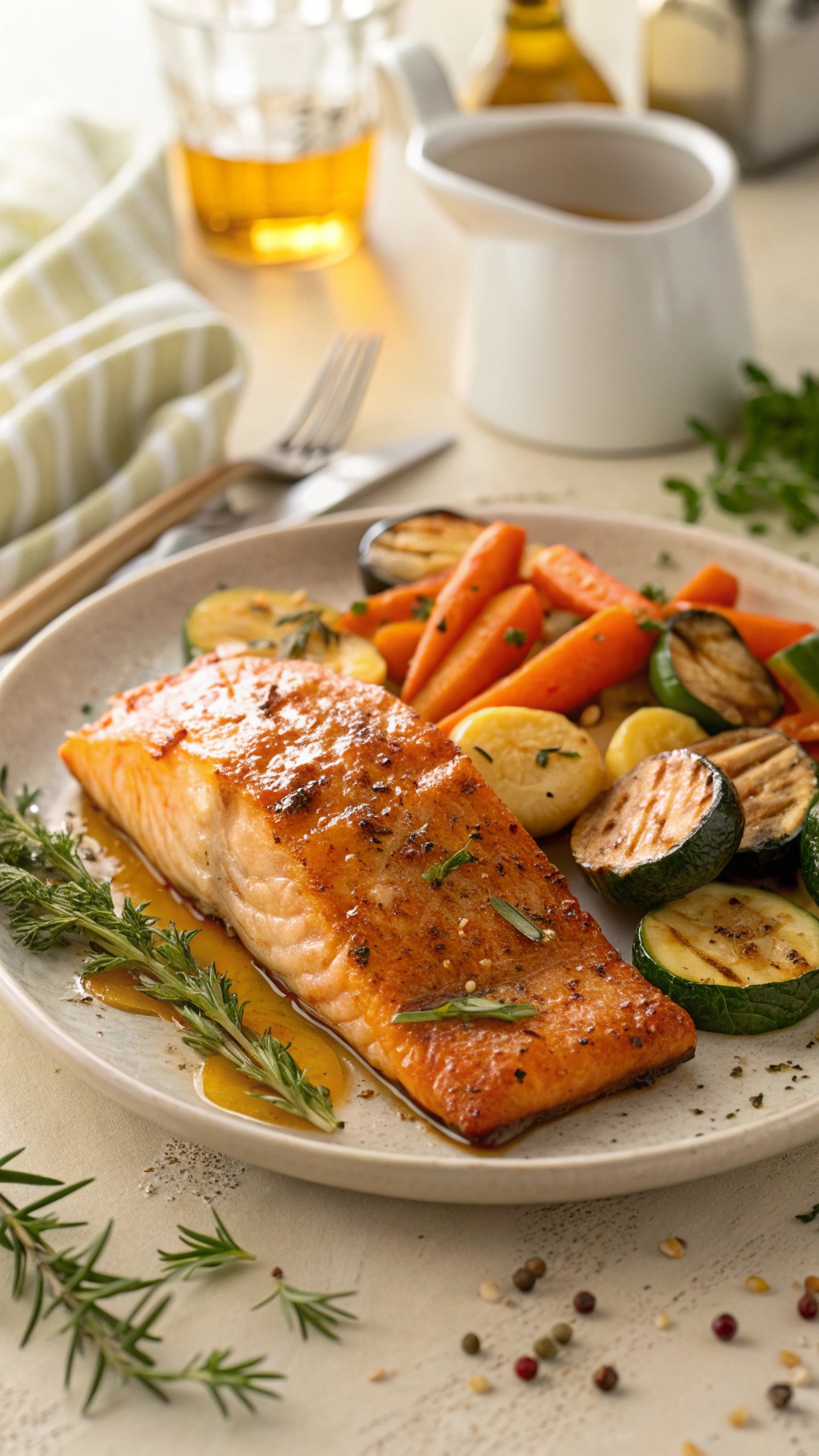 A plate of honey dijon baked salmon with colorful roasted vegetables.