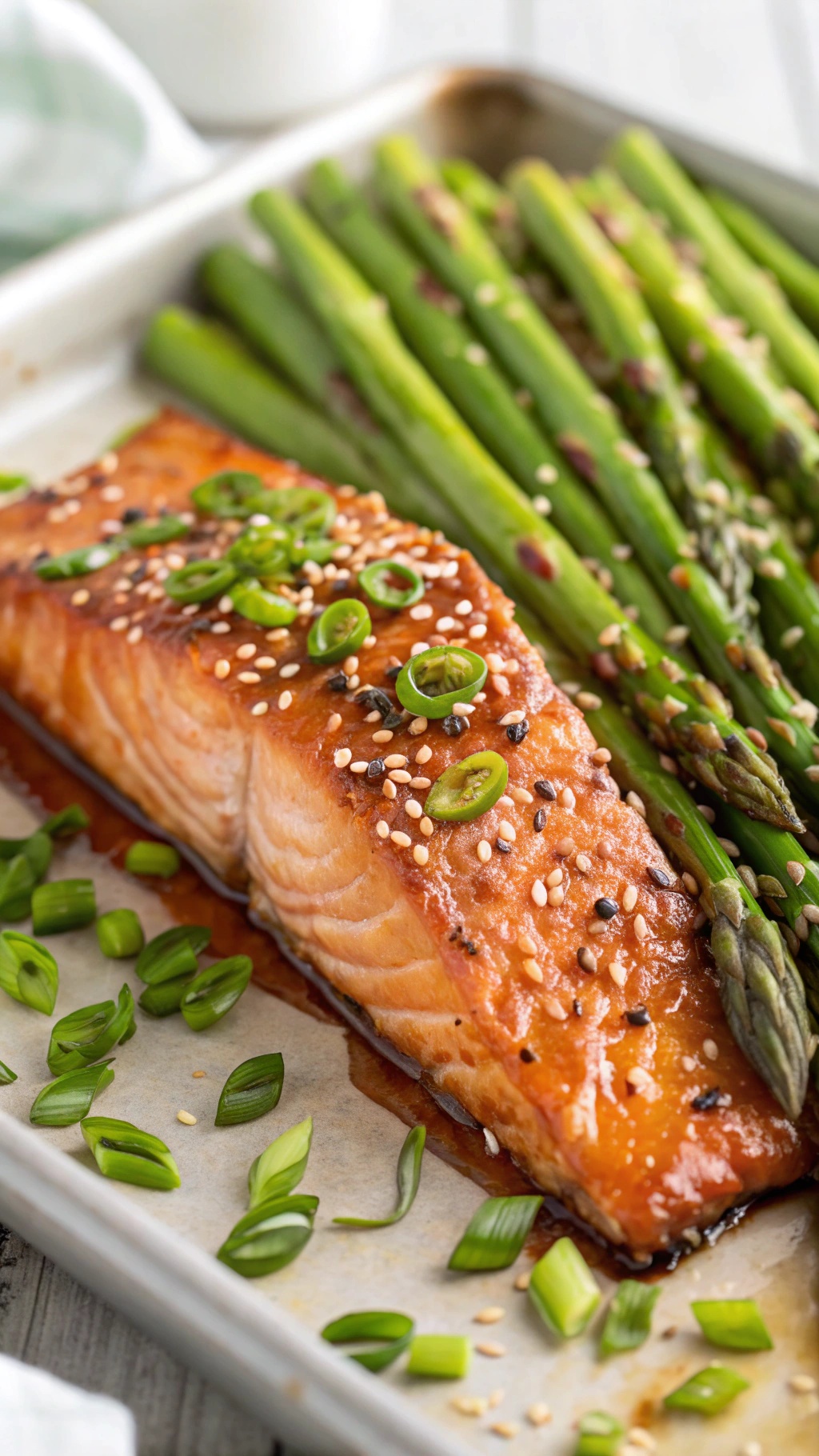 Baked salmon fillet with honey garlic glaze and asparagus on a baking sheet.