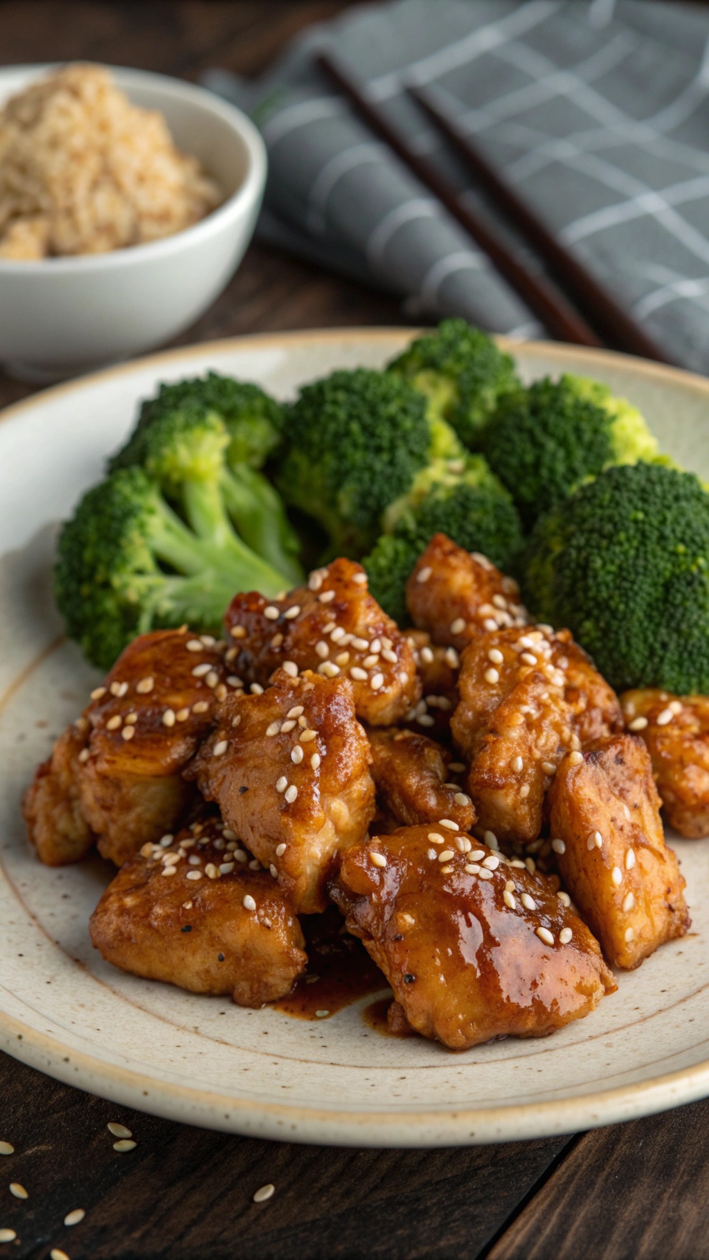 A plate of honey garlic chicken served with broccoli and rice, garnished with sesame seeds.