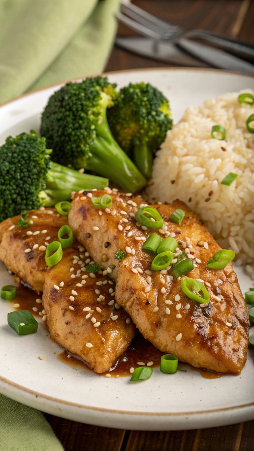 Honey garlic chicken served with broccoli and rice