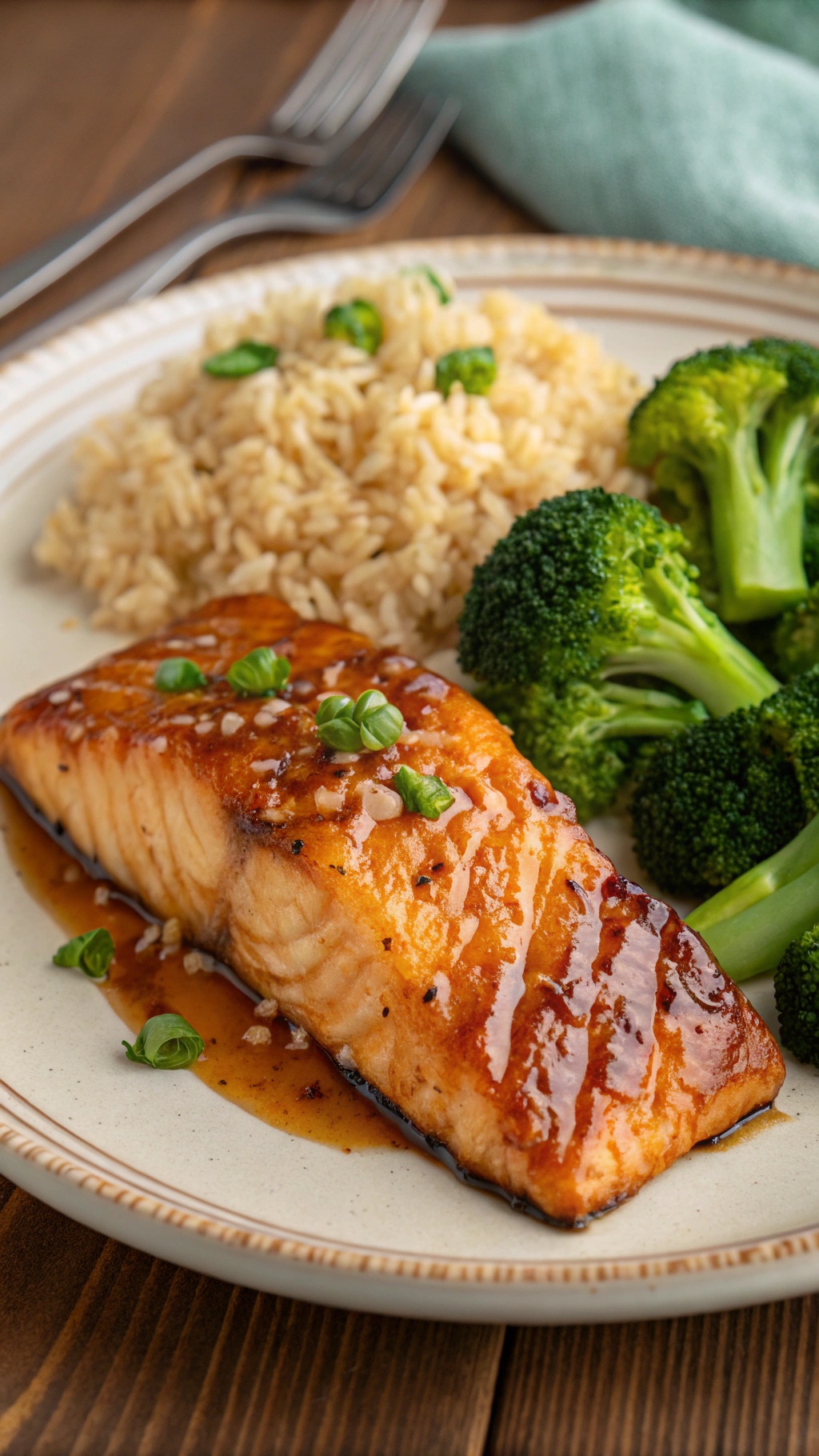 A plate of honey garlic glazed salmon served with brown rice and broccoli.