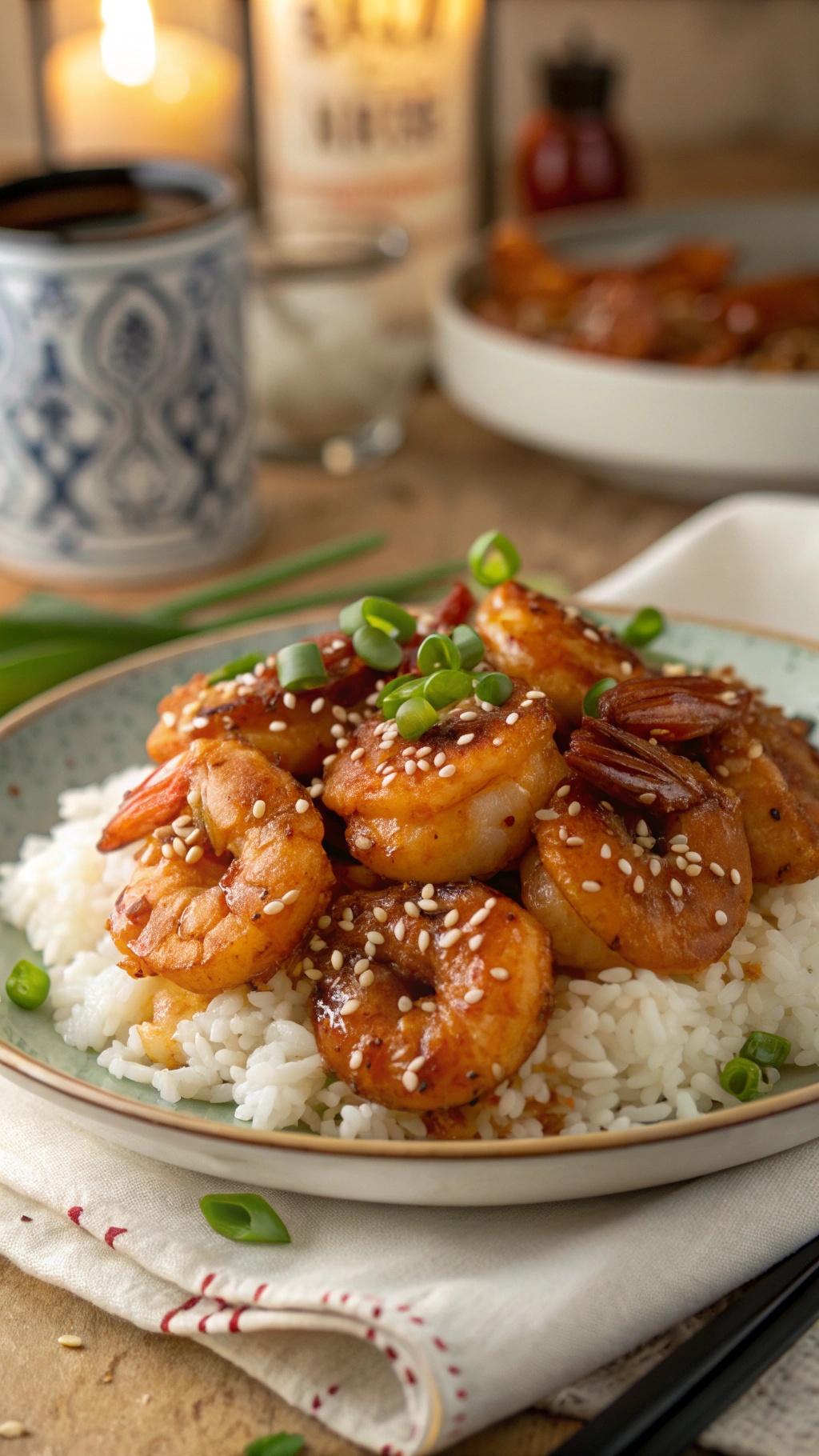 A plate of honey garlic shrimp served over rice, garnished with green onions and sesame seeds.