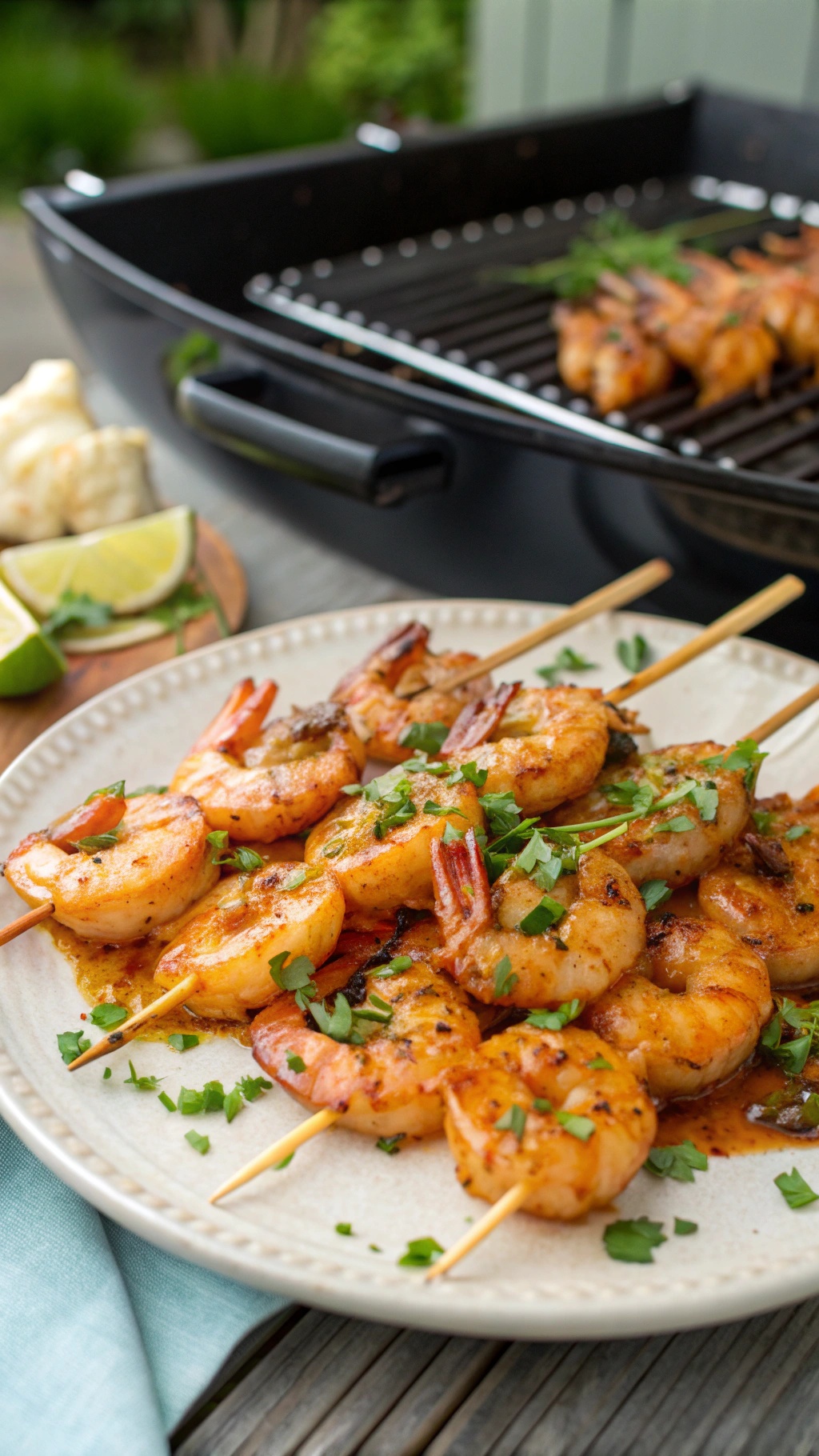 Honey garlic shrimp skewers on a plate with fresh herbs and lime wedges