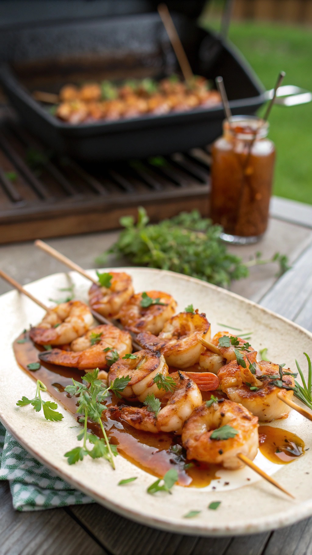 Honey garlic shrimp skewers on a plate with fresh herbs and a dipping sauce in the background.