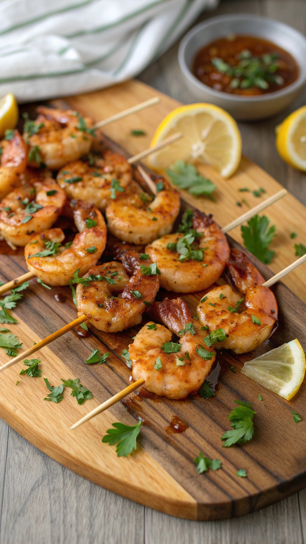 Honey garlic shrimp skewers on a wooden platter with lemon wedges and herbs